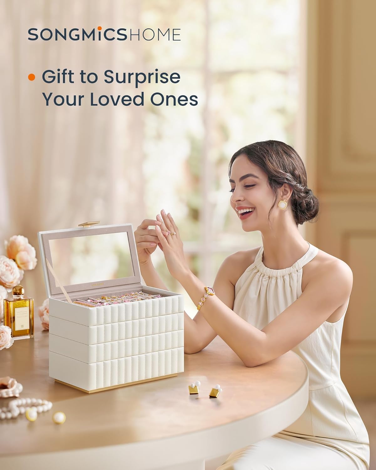 SONGMICS HOME Stackable Jewelry Box with Mirror, 4-Tier Jewelry Storage Organizer, PU Surface with Stitching, Floating Effect, 6.7 x 11 x 8 Inches, Cloud White, ANAH Collection UJBC181W01