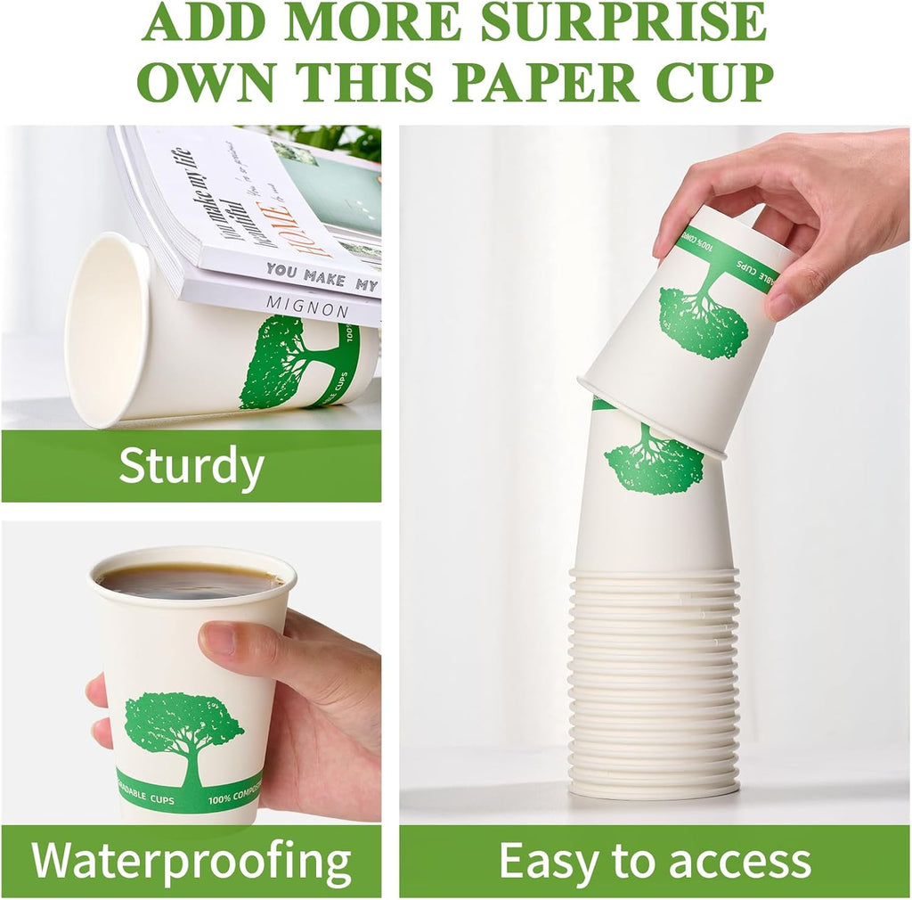 Vplus 150 Pack Compostable Disposable Paper Plates 10.25 inch and 270 Pack 12 oz Compostable Paper Cups