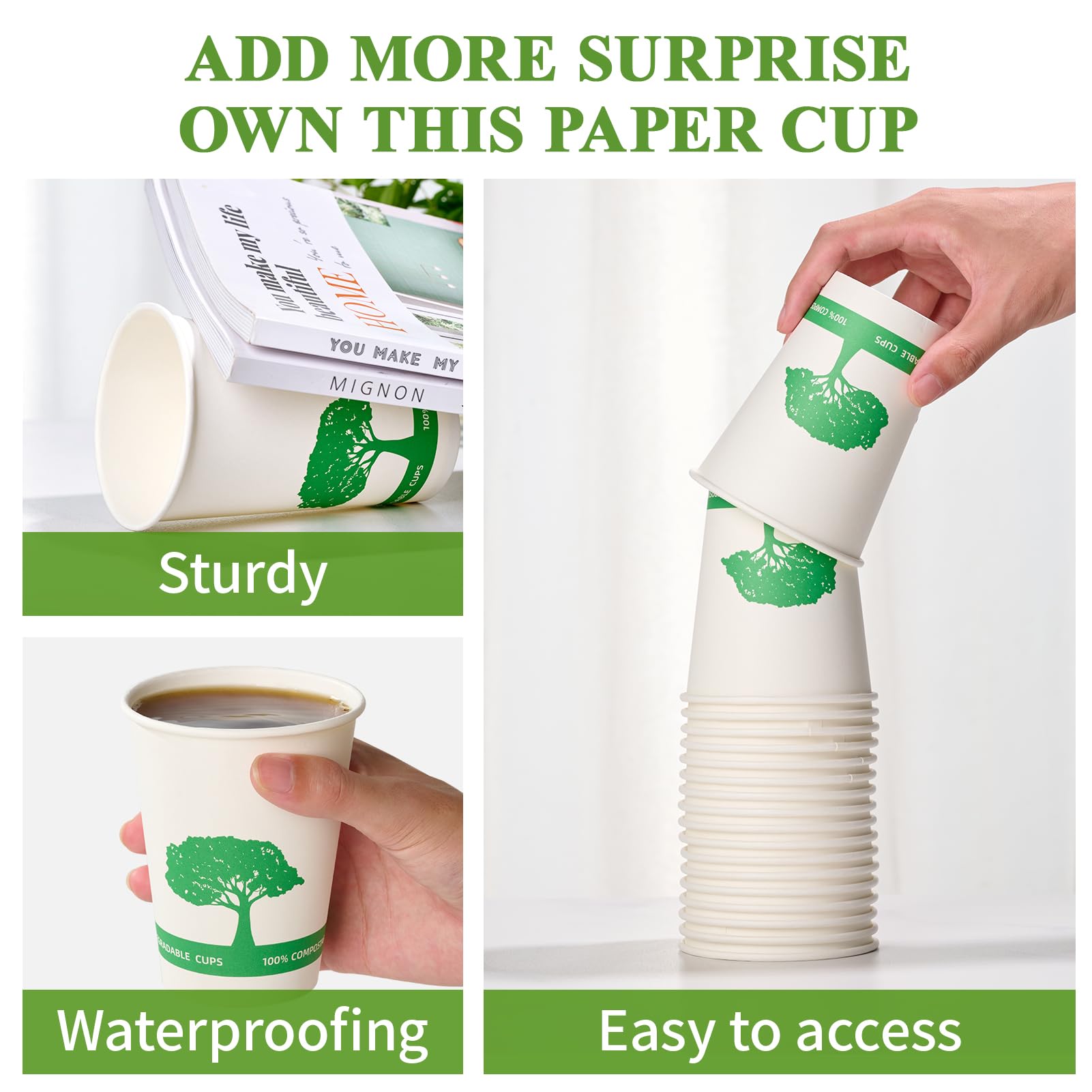 Vplus 400 Pack Compostable Paper Cups, 8 oz Paper Coffee Cups, Biodegradable Disposable Paper Cups, Eco-friendly Hot Drinking Cups for Party, Picnic,and Events