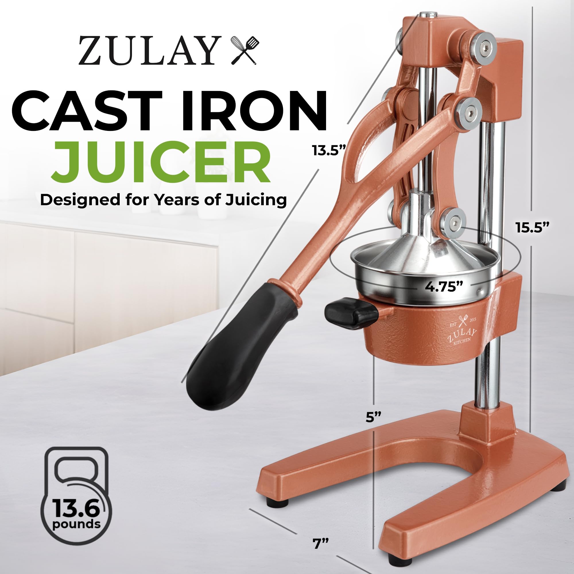 Zulay Kitchen Cast Iron Juicer - Easy-to-Clean Heavy-Duty Manual Juicer, Professional Citrus Juicer - Stainless Steel Lemon Squeezer - Manual Citrus Press & Orange Squeezer - Orange Juicer (Black)