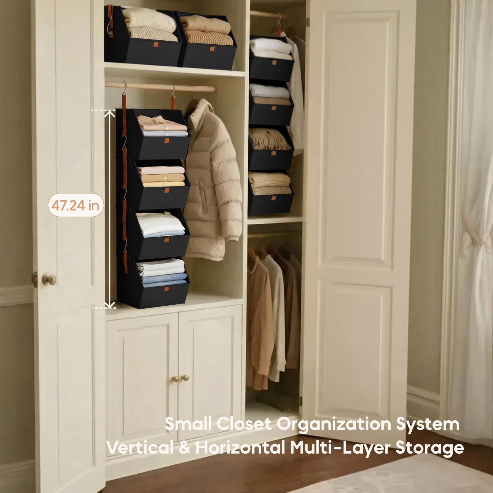 Homsorout Hanging Closet Organizer 4 Tier - Clothes Hanging Shelves, Space-Saving Closet System, Fabric Storage Bins Bedroom Organization, Collapsible Baskets for Home, Dorm, Rv, Beige