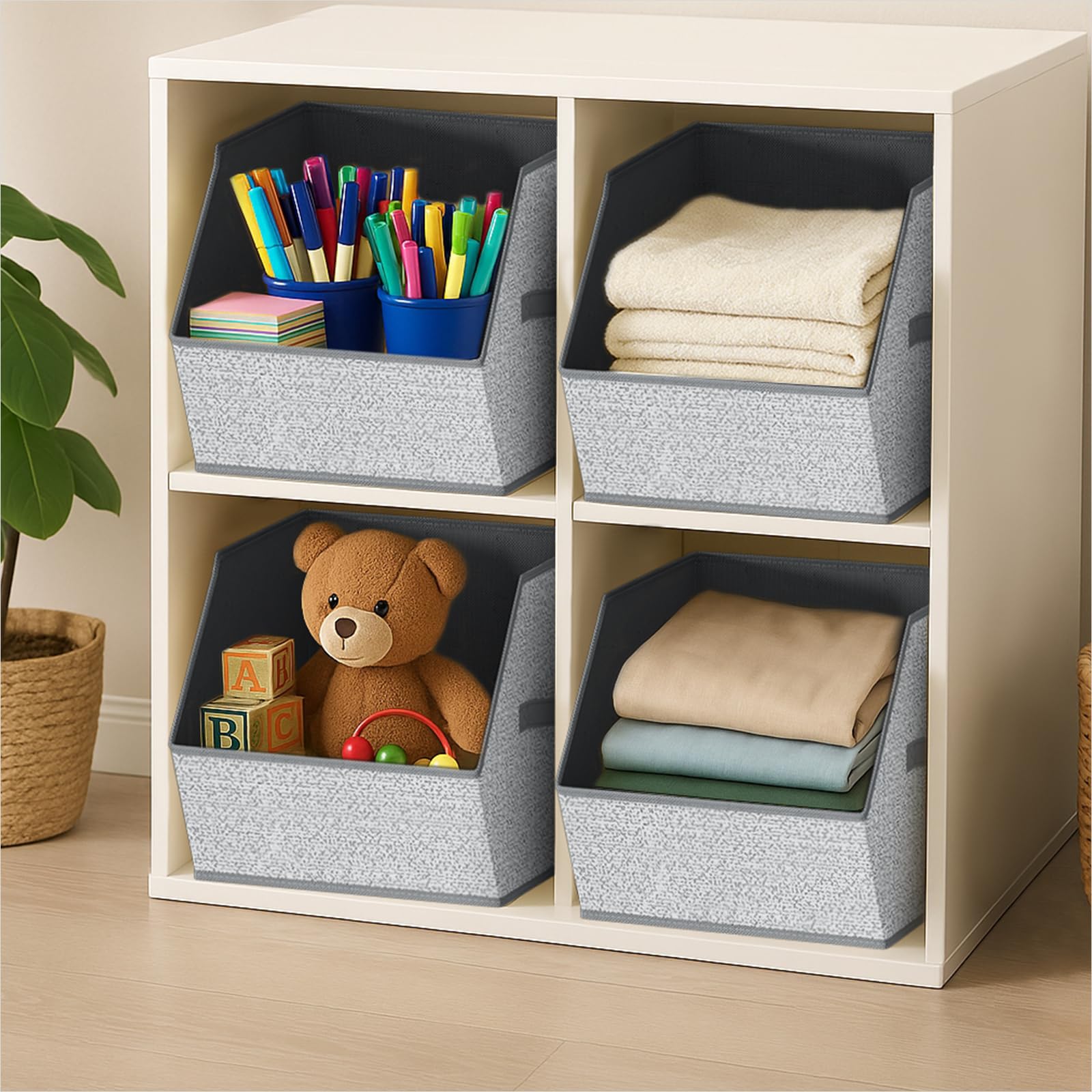 Homsorout Fabric Closet Storage Cubes - 6 Pack Square Storage Bins with Dual Handles for Clothes, Towels, Toys, Cube Storage Organizers for Bedroom, Nursery, Shelves, Closet, Small Spaces, Beige