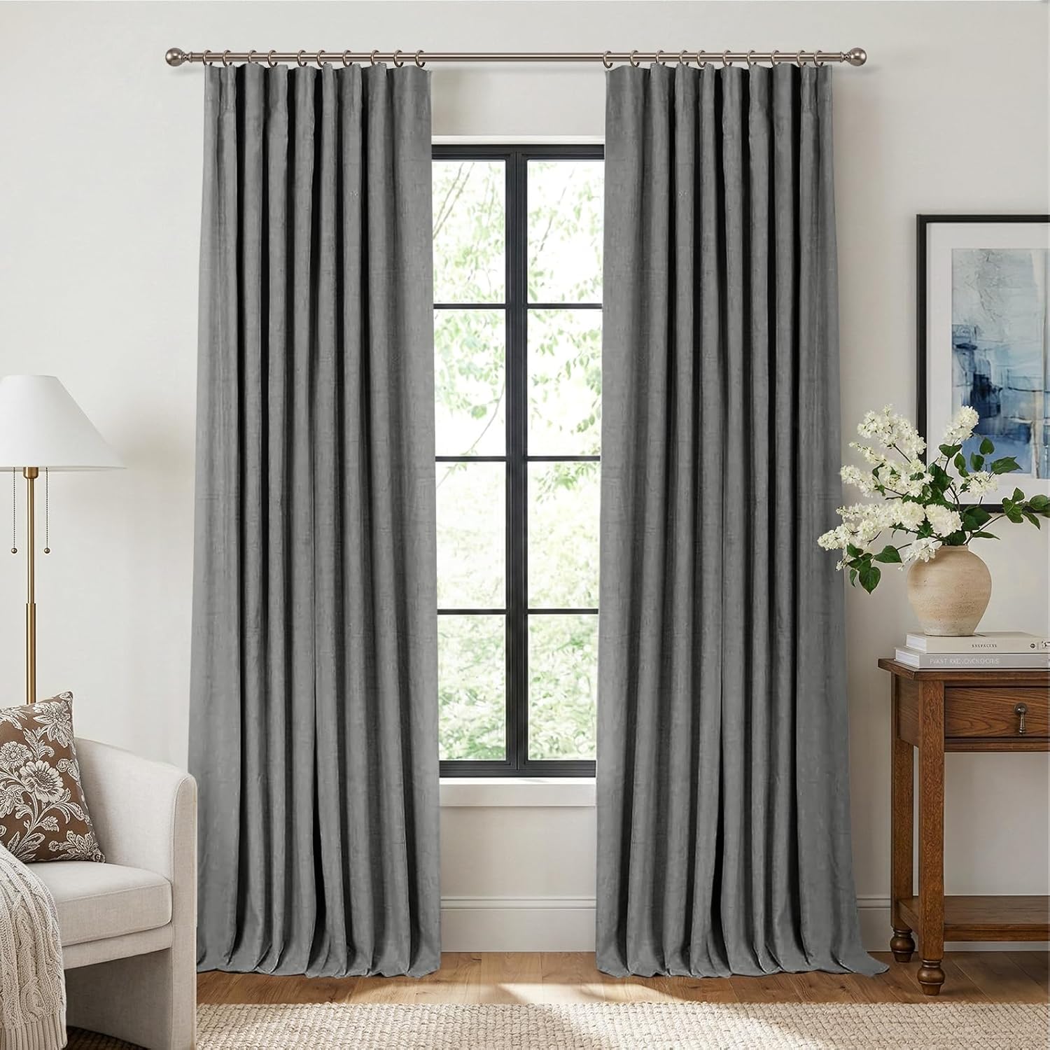 INOVADAY 100% Blackout Curtains for Bedroom, Black Out Curtains 84 Inch Long, Clip Rings Linen Blackout Drapes, Thermal Insulated Room Darkening for Living Room, 2 Panels - Beige,W50xL84