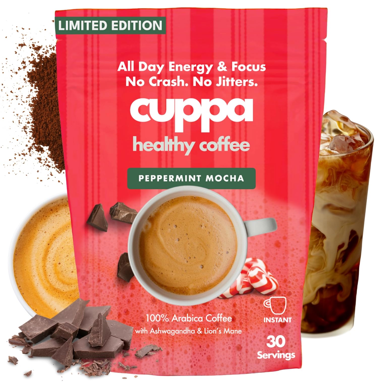 Cuppa Medium Roast Mushroom Coffee with Adaptogens & Superfoods - Lion’s Mane, Ashwagandha & Cordyceps. Adaptogens + MCT to support natural energy, mental focus & gut health (30 Servings)