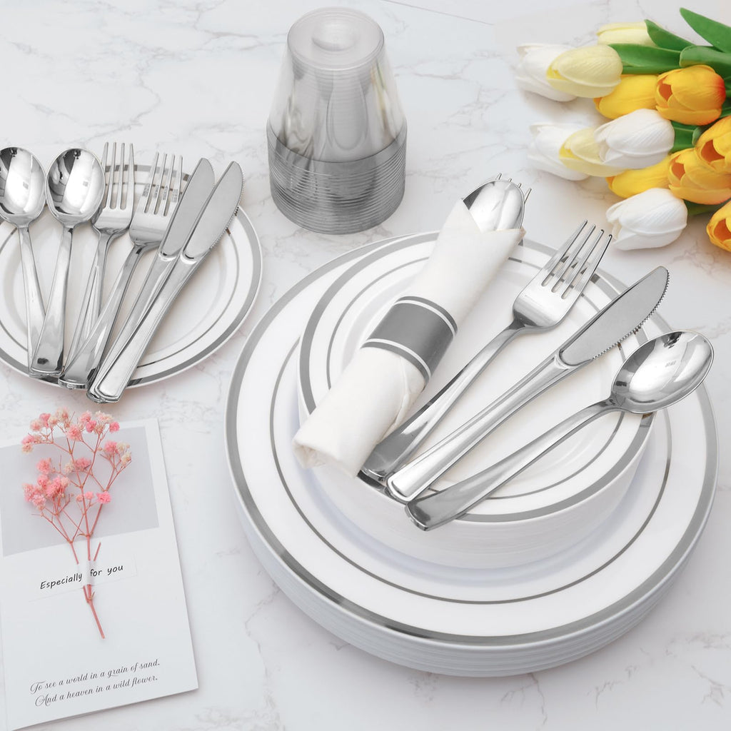 Goodluck 350 Piece Silver Plastic Dinnerware Set for 50 Guests, Fancy Disposable Plates for Party, Include: 50 Dinner Plates, 50 Dessert Plates, 50 Pre Rolled Napkins with Silver Silverware, 50 Cups