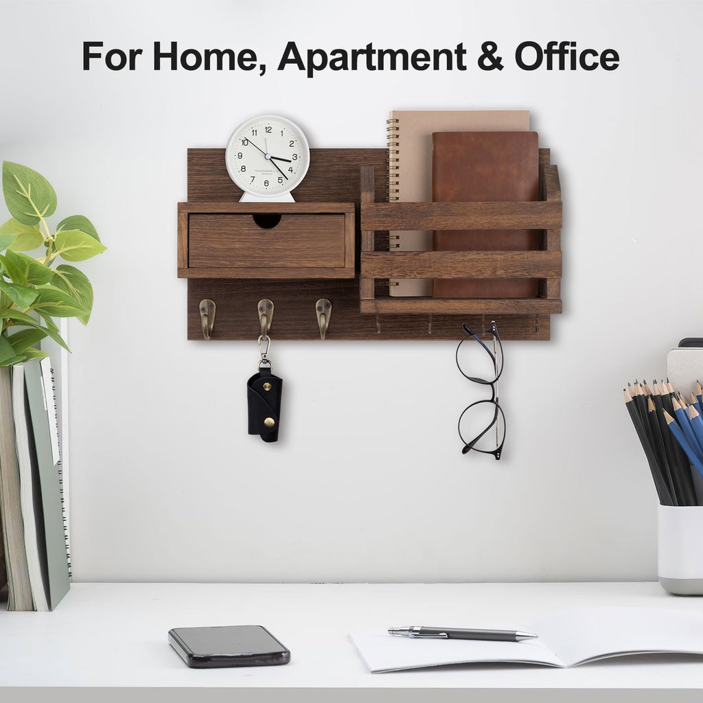 Wall Mount Key Holder with Mail Organizer, 100% Paulownia Wood, 7 Metal Hooks, Storage Drawer, Entryway Home Decor (Brown)