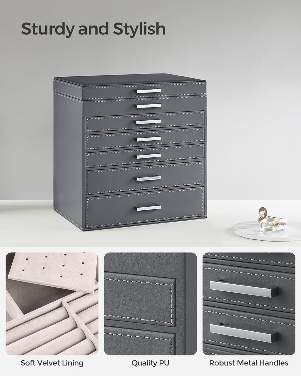 SONGMICS 3-Tier Jewelry Box, Travel Jewelry Case with Handle, 2 Drawers, Lockable Jewelry Organizer with Mirror, Jewelry Storage, Modern Style, Gift for Loved Ones, White UJBC154W01