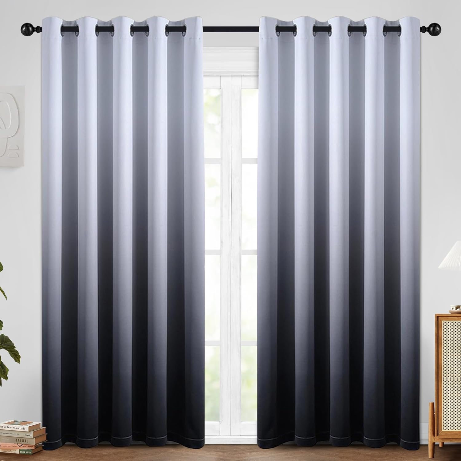 SimpleHome Ombre Room Darkening Curtains for Bedroom, Gradient Black to Grey White Light Blocking Thermal Insulated Grommet Window Curtain/Drapes for Living Room,2 Panels, 52x84 inches Length