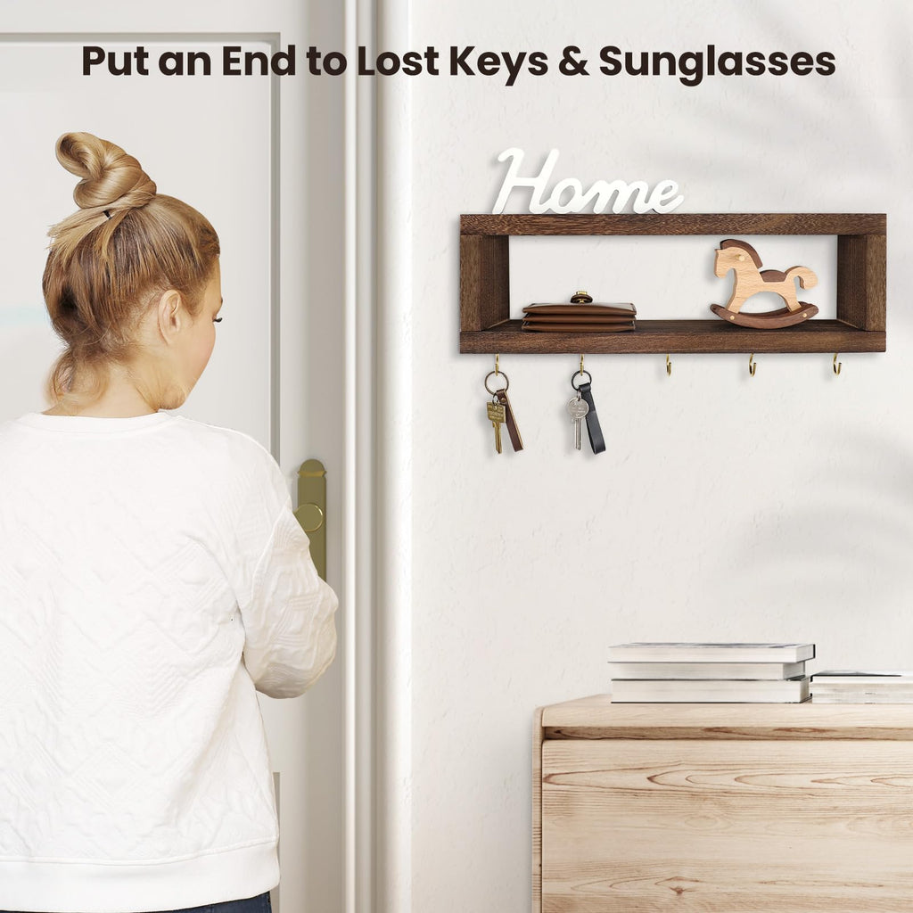 Wall Shelf with Hooks - Decorative Key and Wallet Holder for Wall Holds Sunglasses, Leashes, Scarves and Lanyards - 15.7" x 5.1" x 2.9" Entryway Organizer Made of Paulownia Wood (White)