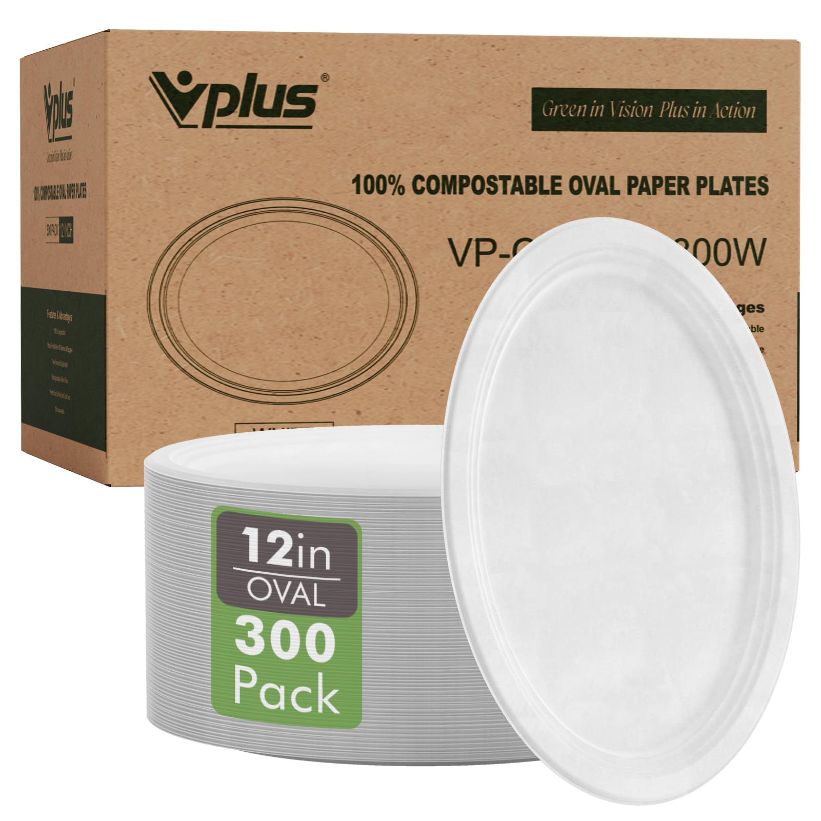 Vplus 100% Compostable Oval Paper Plates 12 inch 120 Pack Super Strong Disposable Dinner Plates Natural Biodegradable Eco-Friendly Sugarcane Plates for BBQ, Party, Gathering, and Picnic