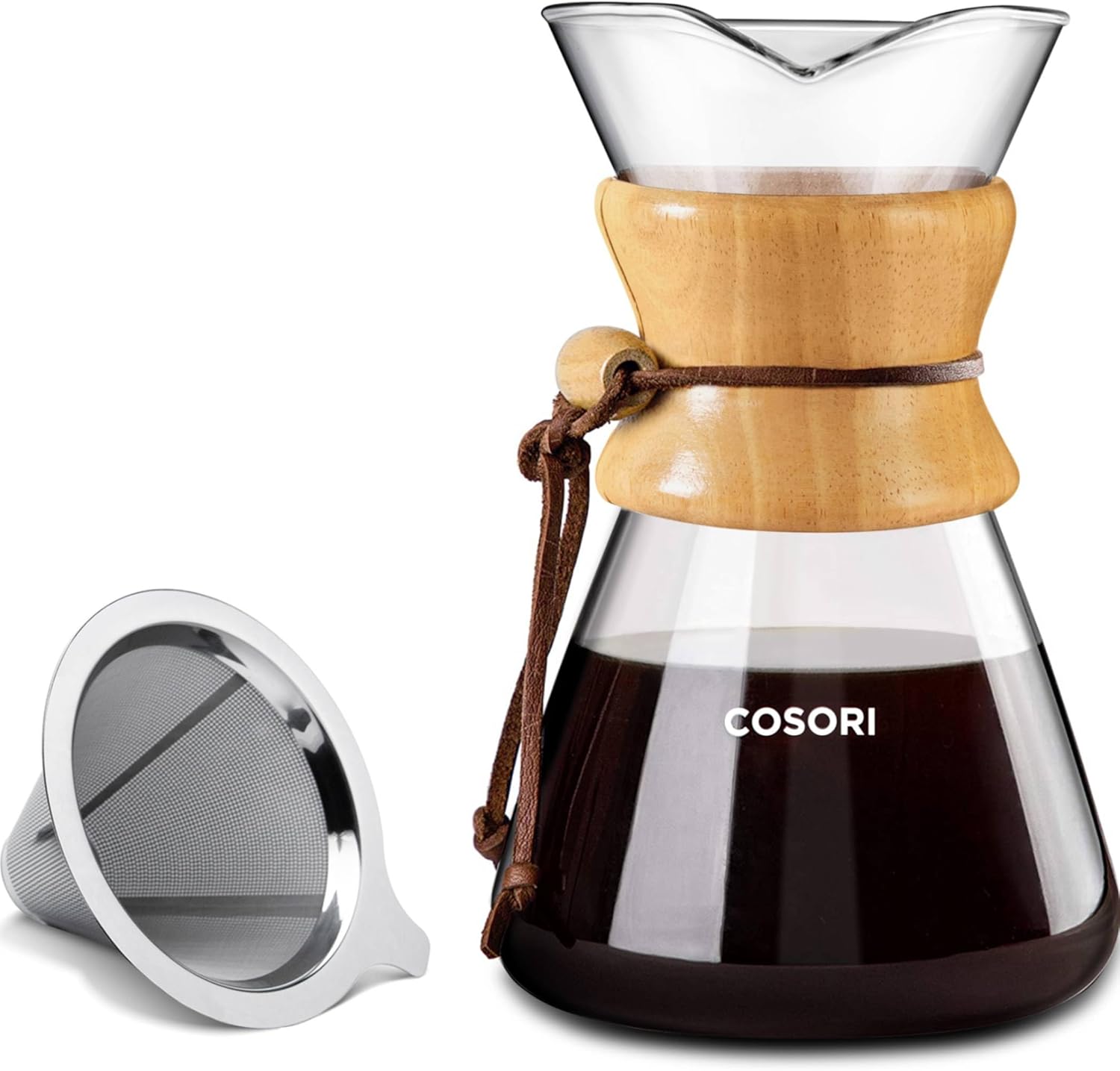 Cosori Pour Over Coffee Maker with Double Layer Stainless Steel Filter, 8-Cup, 34oz, Drip Coffee Maker, Coffee Dripper Brewer, High Heat Resistant Carafe, also for Camping, Hiking