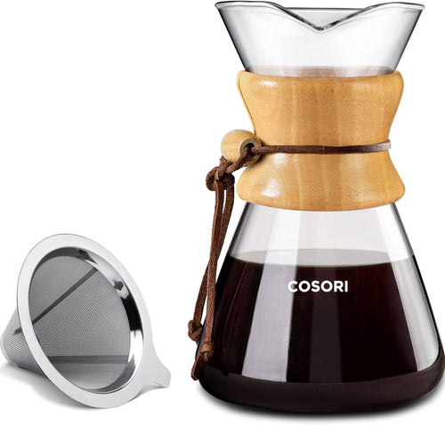 Cosori Pour Over Coffee Maker with Double Layer Stainless Steel Filter, 8-Cup, 34oz, Drip Coffee Maker, Coffee Dripper Brewer, High Heat Resistant Carafe, also for Camping, Hiking