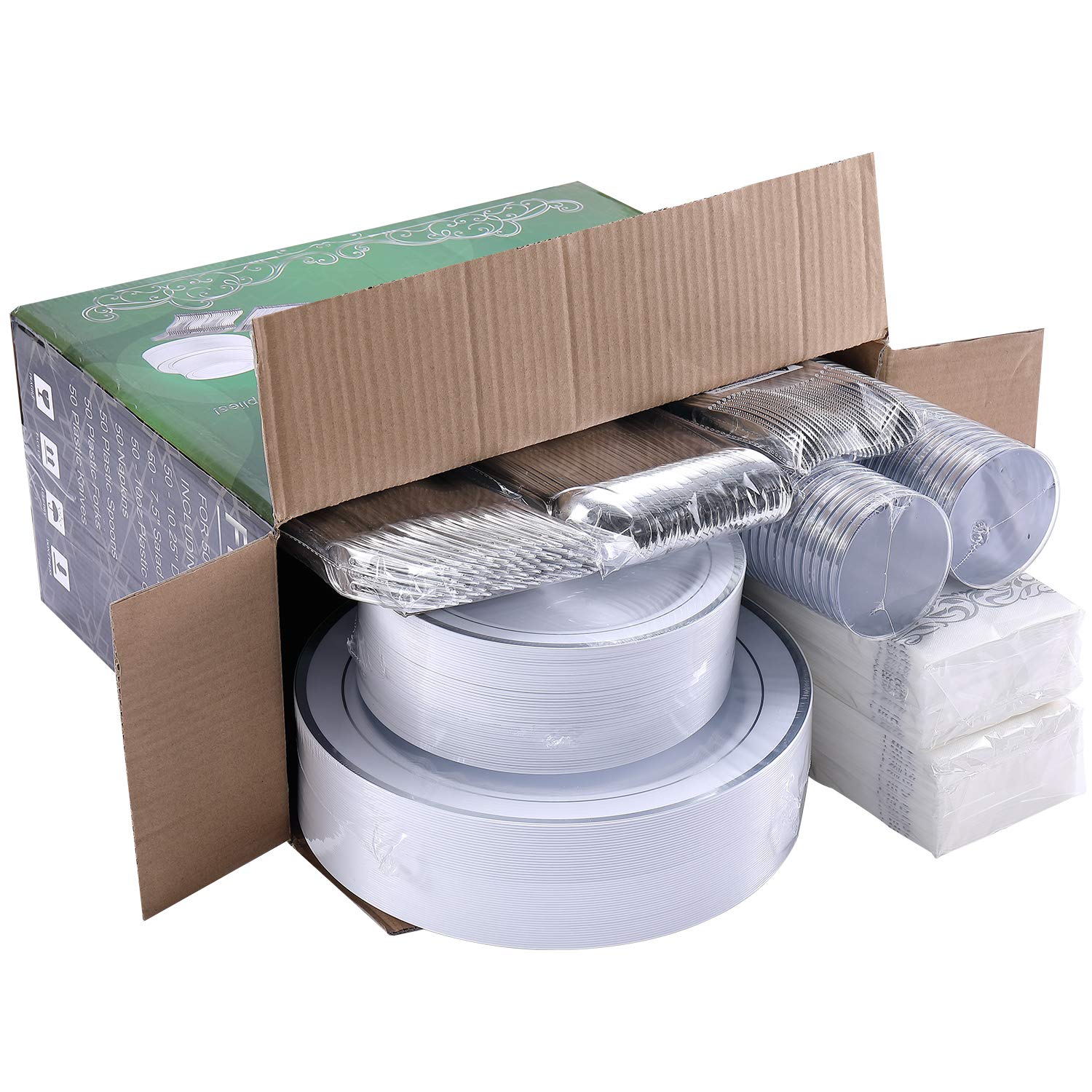 FOCUSLINE 350 Ct Disposable Dinnerware Set for 50 Guests -Heavy Duty Plastic Plates with Gold Rim, Includes 50 Dinner & Salad Plates, Cups, Napkins, Cutlery Set