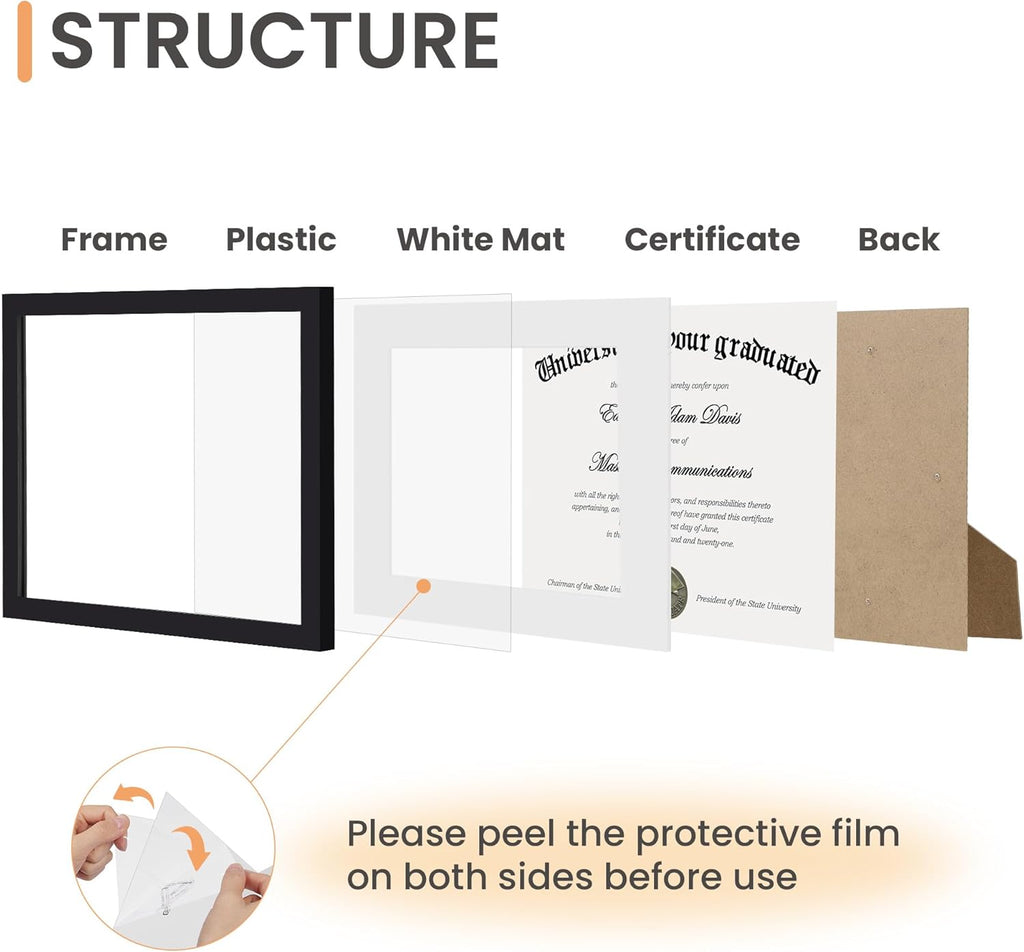 upsimples 11x14 Diploma Frame with Clear Plexiglass, Displays 8.5 x 11 Certificate Frame with Mat or 11x14 Picture Frame without Mat for Document Degree, Black, 1 Pack