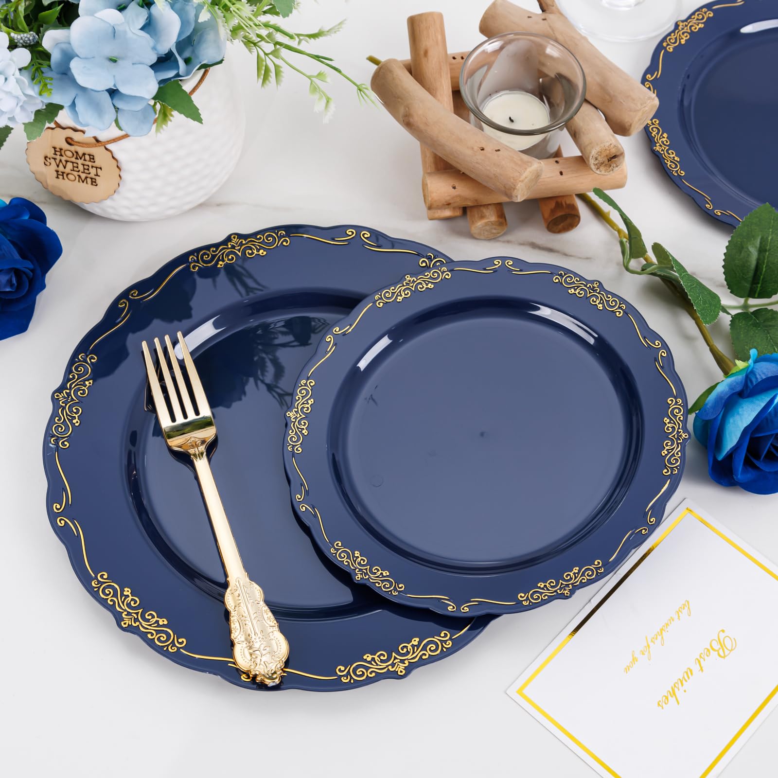 DaYammi 150Pcs Ivory Plastic Plates with Gold Rim,Disposable Plastic Plates Include 30 Dinner Plate,30 Salad Plate,30 Forks,30 Spoons,30 Knives,Ivory and Gold Plates for Party,Wedding,Mother's Day
