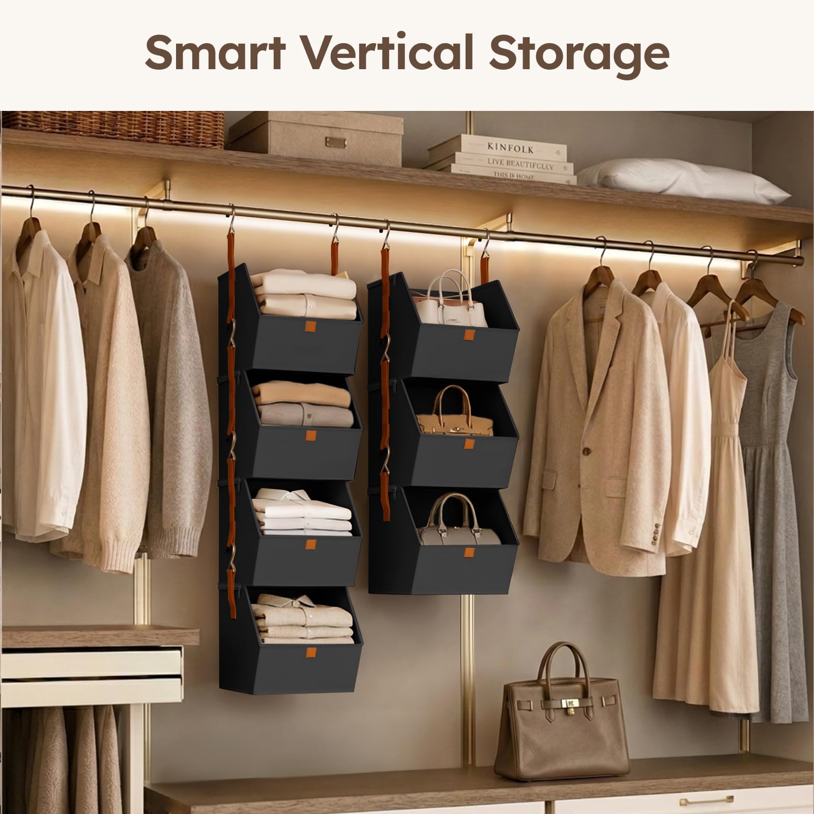 Homsorout Hanging Closet Organizer 4 Tier - Clothes Hanging Shelves, Space-Saving Closet System, Fabric Storage Bins Bedroom Organization, Collapsible Baskets for Home, Dorm, Rv, Beige