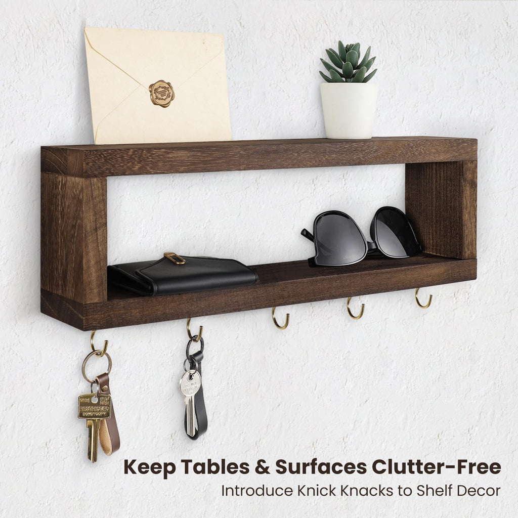 Wall Shelf with Hooks - Decorative Key and Wallet Holder for Wall Holds Sunglasses, Leashes, Scarves and Lanyards - 15.7" x 5.1" x 2.9" Entryway Organizer Made of Paulownia Wood (White)