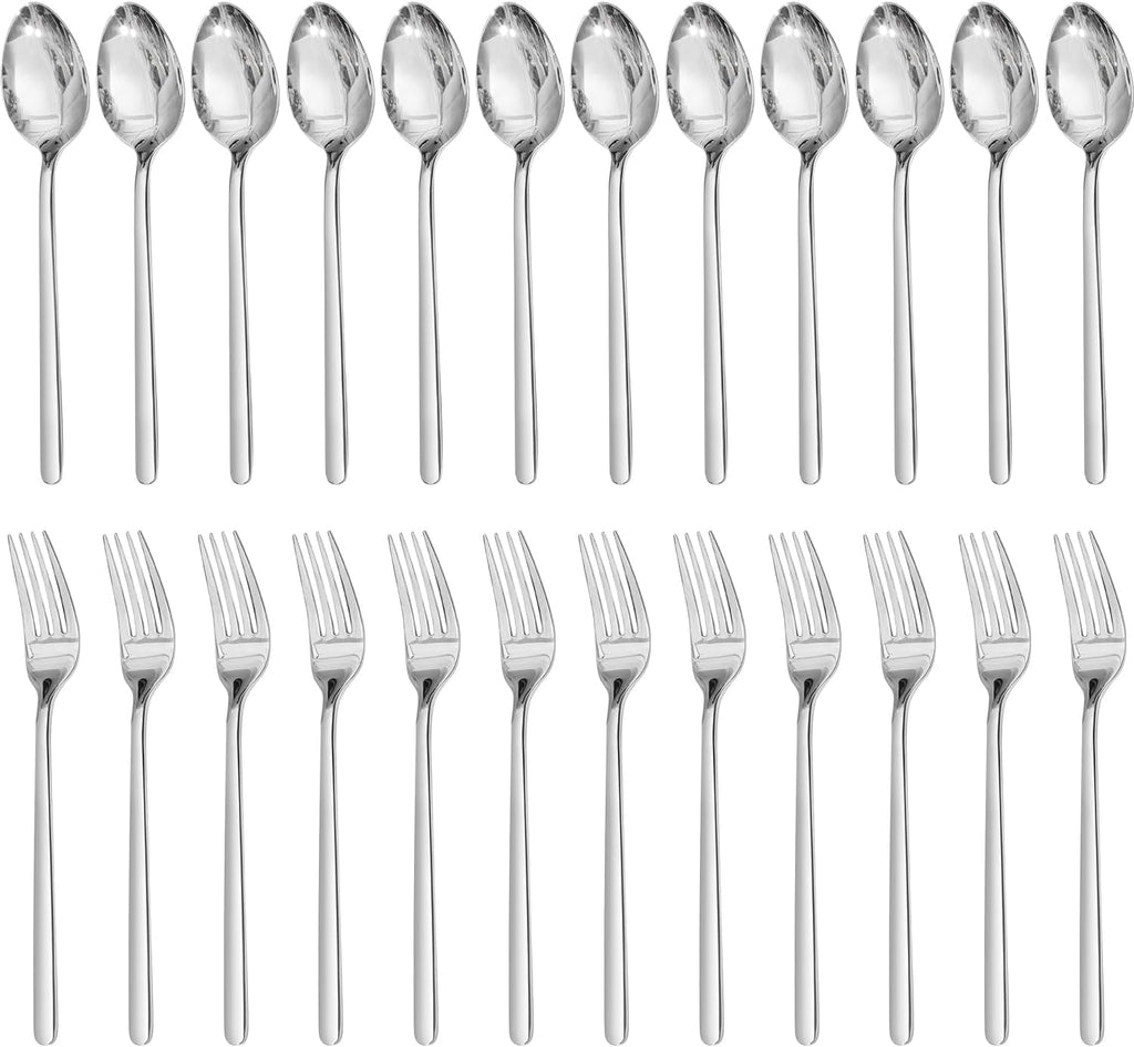KINGSTONE 24 PCS 18/10 Stainless Steel Forks and Spoons, 12 8" Dinner Forks and 8" Dinner Spoons, Forks and Spoons Silverware Set for Home, Kitchen, Weddings, Parties or Restaurant, Dishwasher Safe