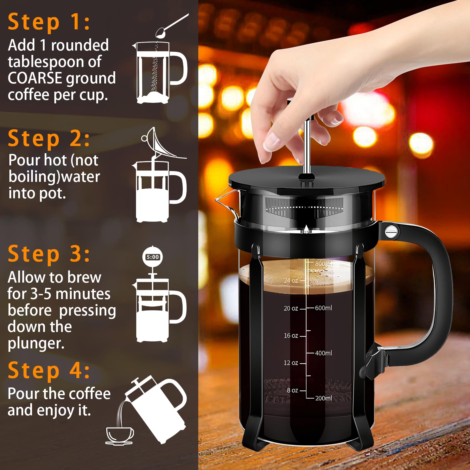 YMMIND French Press Coffee Maker 304 Stainless Steel Coffee Press,with 4 Filters System, Heat Resistant Thickness Borosilicate French Press Glass, BPA-Free Brewed Tea Pot Coffee Plunger(Copper 12oz)