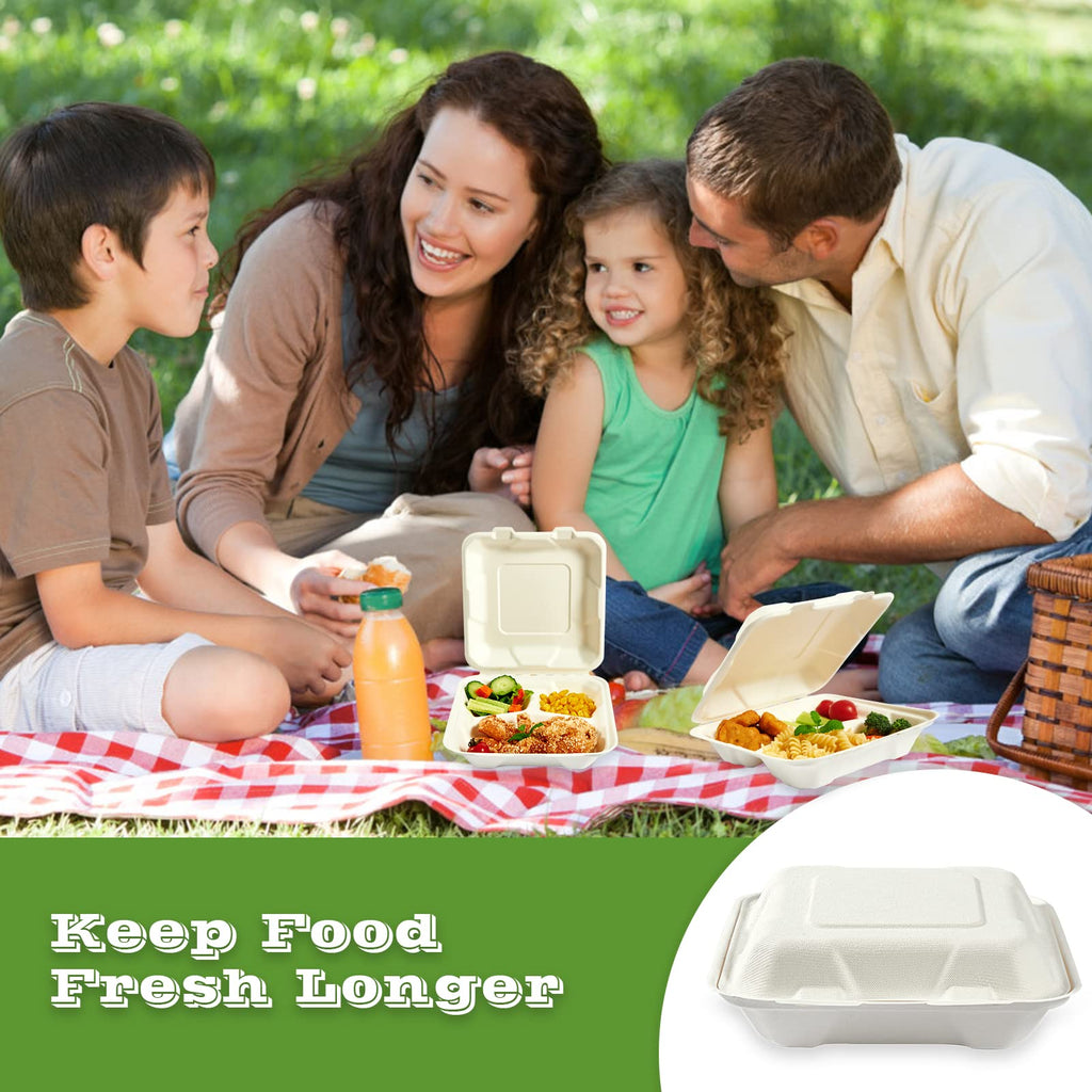 Vplus 100% Compostable Clamshell Take Out Food Containers, 90 PACK 8 inch x 8 inch Eco-Friendly Disposable 3 Compartment, Heavy-Duty Bagasse To-Go Containers for Next Day Lunch, Potluck Party