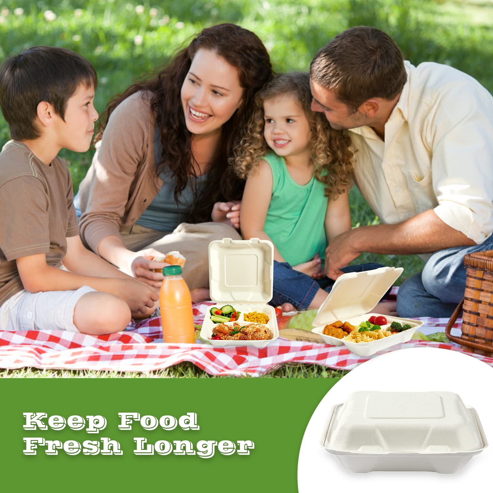 Vplus 100% Compostable Clamshell Take Out Food Containers, 90 PACK 8 inch x 8 inch Eco-Friendly Disposable 3 Compartment, Heavy-Duty Bagasse To-Go Containers for Next Day Lunch, Potluck Party
