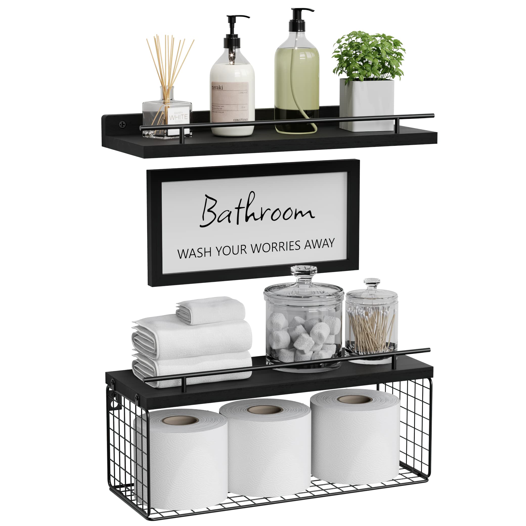 WOPITUES Floating Shelves for Wall Decor Sign, Bathroom Organizers and Storage, Bathroom Shelves Over Toilet with Metal Guardrail-Black