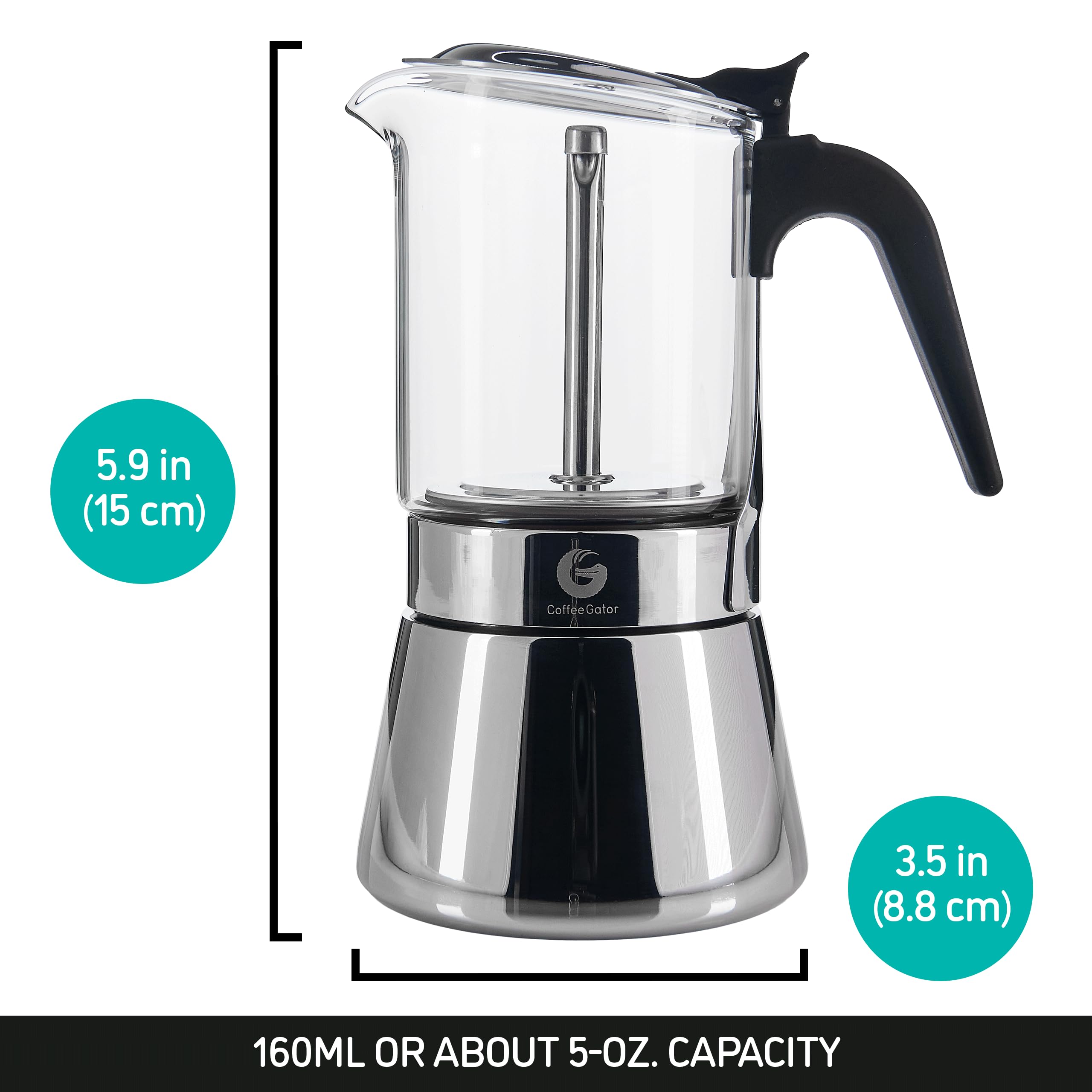 Coffee Gator Moka Pot - 6 Cup, 12oz Stovetop Espresso Maker - Classic Italian and Cuban Coffee Percolator w/ 2 Stainless-Steel Cups – Matte Grey Aluminum, 360ml