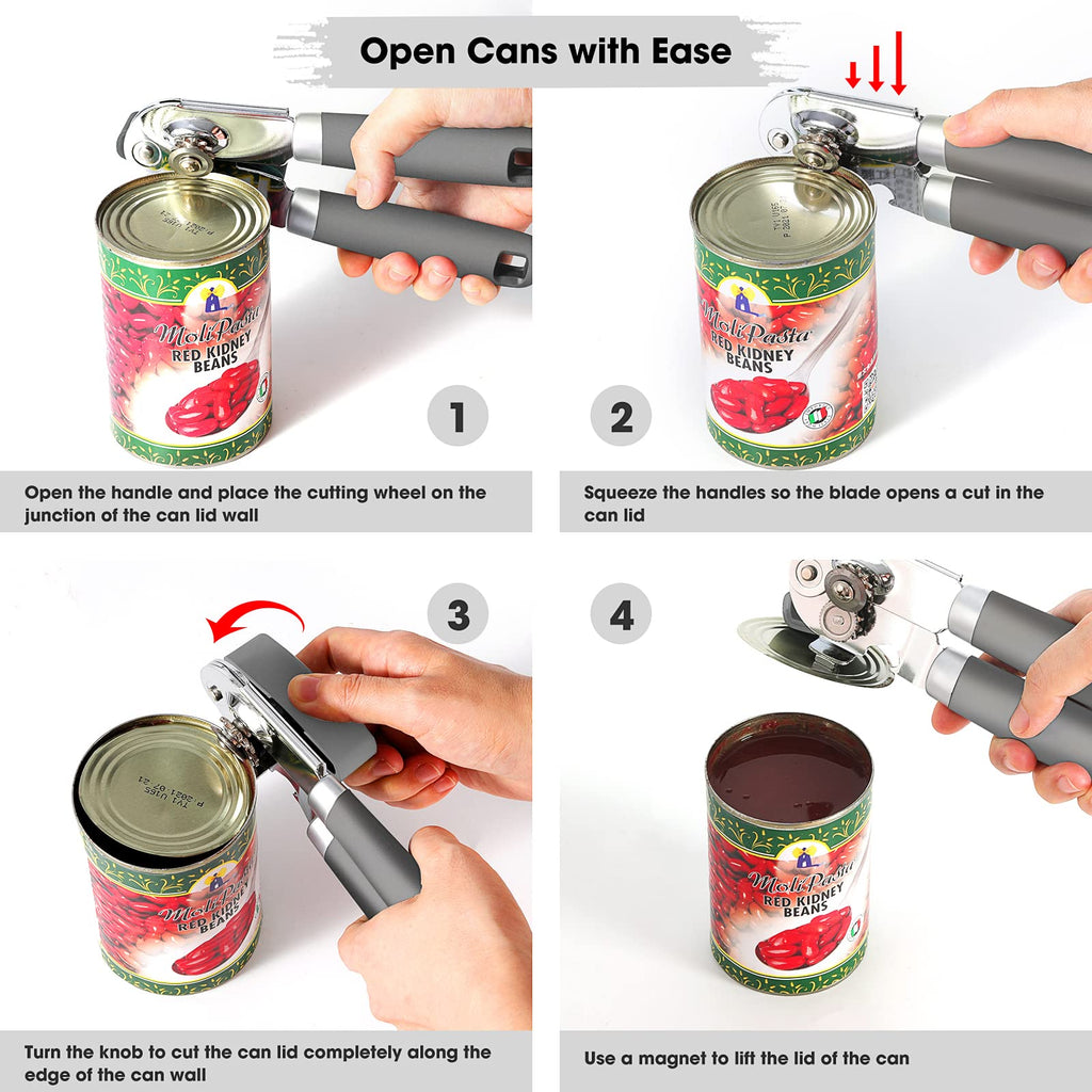 Beneno Heavy Duty Hand Can Opener Manual with Magnet, Durable Sharp Carbon Steel Blade Smooth Cutting, Big Effort-Saving Knob & Soft Grip Handle, Multifunctional Kitchen Tool with Bottle Opener, Green