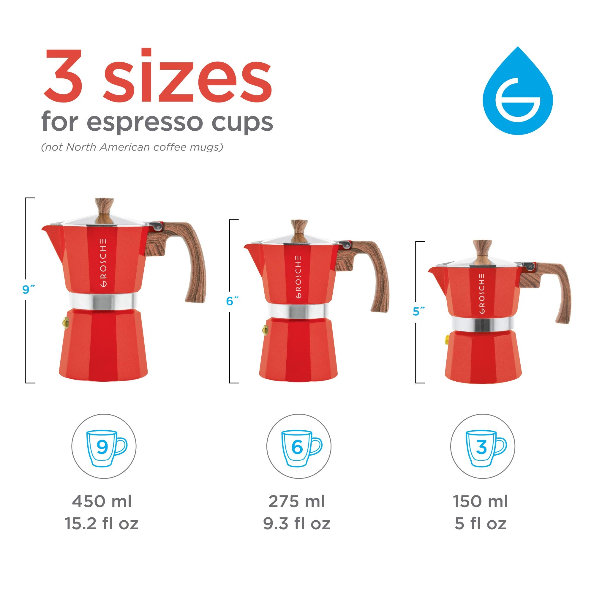 GROSCHE Milano Moka pot, Stovetop Espresso maker, Greca Coffee Maker, Stovetop coffee maker and espresso maker percolator (Grey, 6 cup)