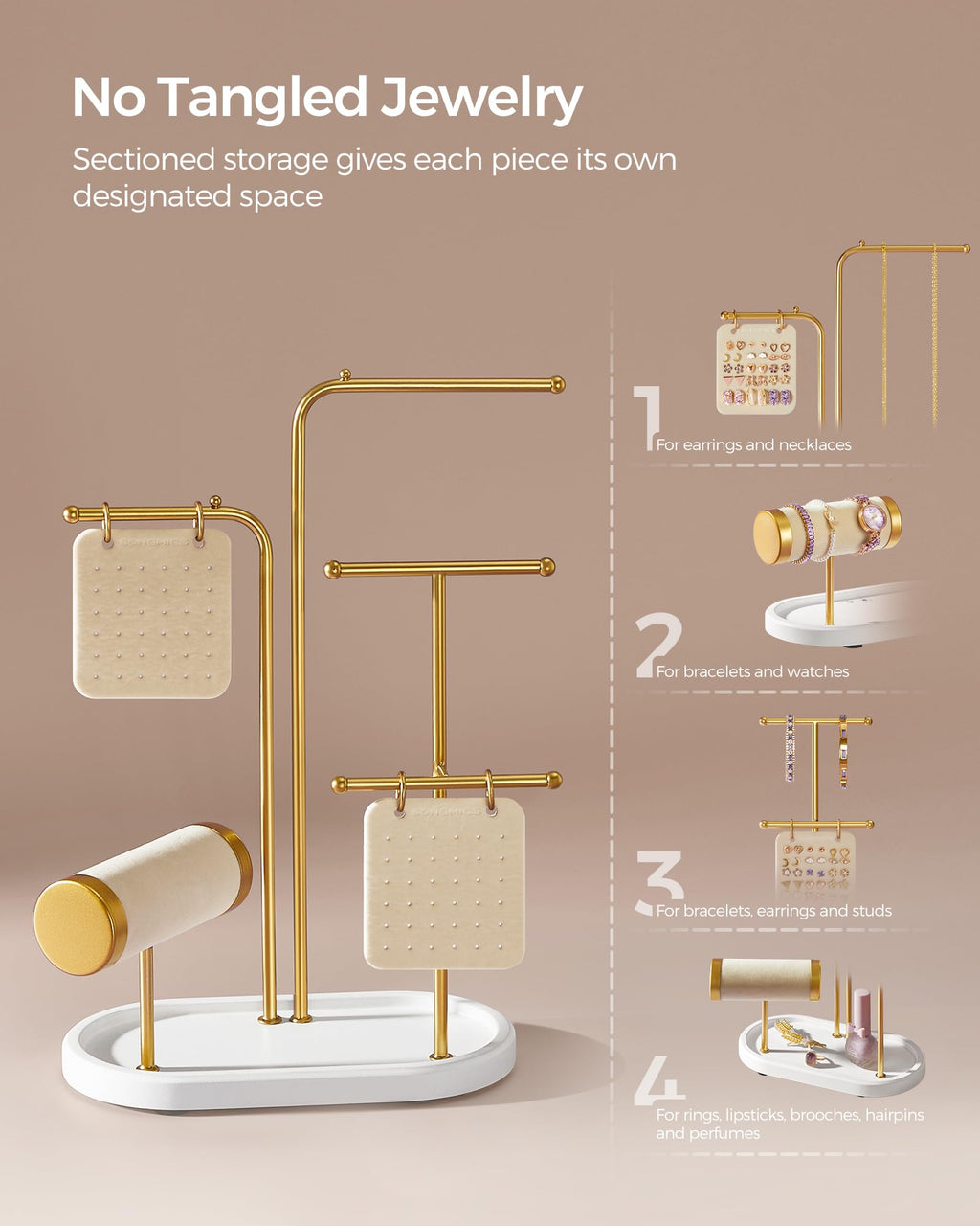 SONGMICS Jewelry Stand, Jewelry Organizer, Jewelry Display Holder with Metal Frame, 2 Earring Boards, 4 Hanging Rods, Necklace Earring Bracelet Holder, for Watches, Metallic Gold UJJS025A01