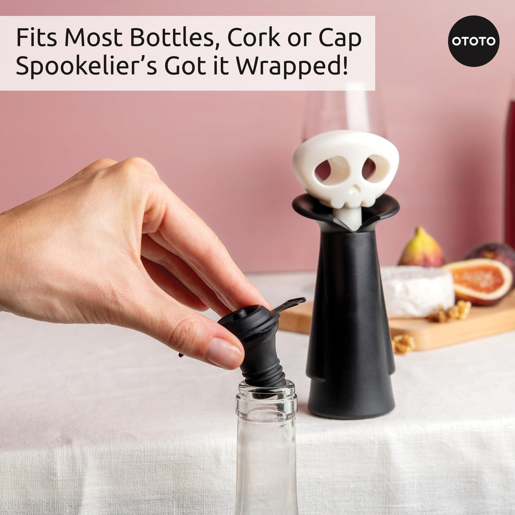 OTOTO Wine Stoppers & Pourer - Halloween Gifts for Wine Lovers, Spooky Wine Bottle Stopper, Wine Goth Accessories, Fun Kitchen Gadgets (Count Corkula)
