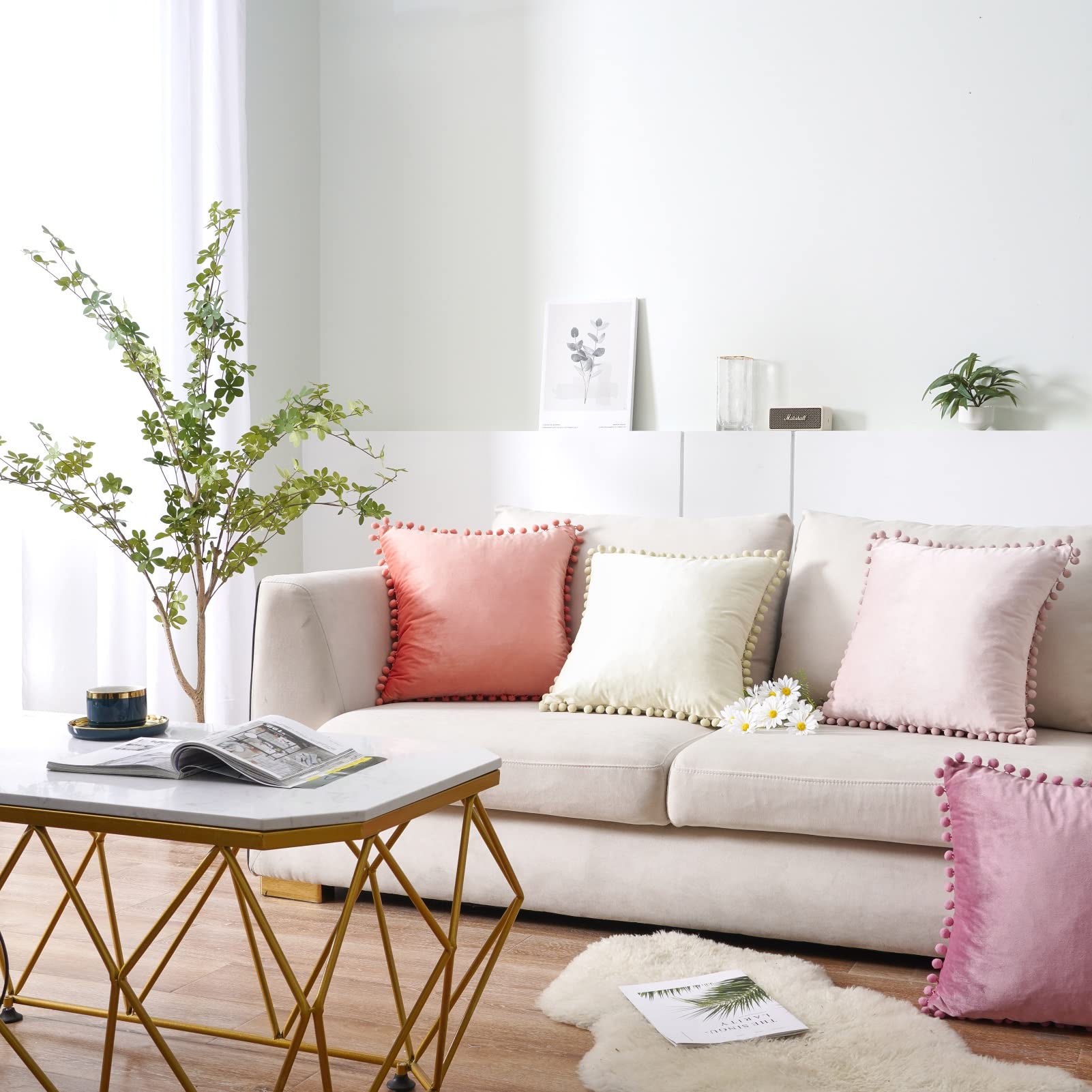 Top Finel Blush Pink Throw Pillow Covers 18x18 Inches for Couch Aesthetic Decorative Sofa Pillow Covers Set of 2 Soft Velvet Cushion Cover Pillow Cases with Pom-poms for Bedroom Livingroom Office Car