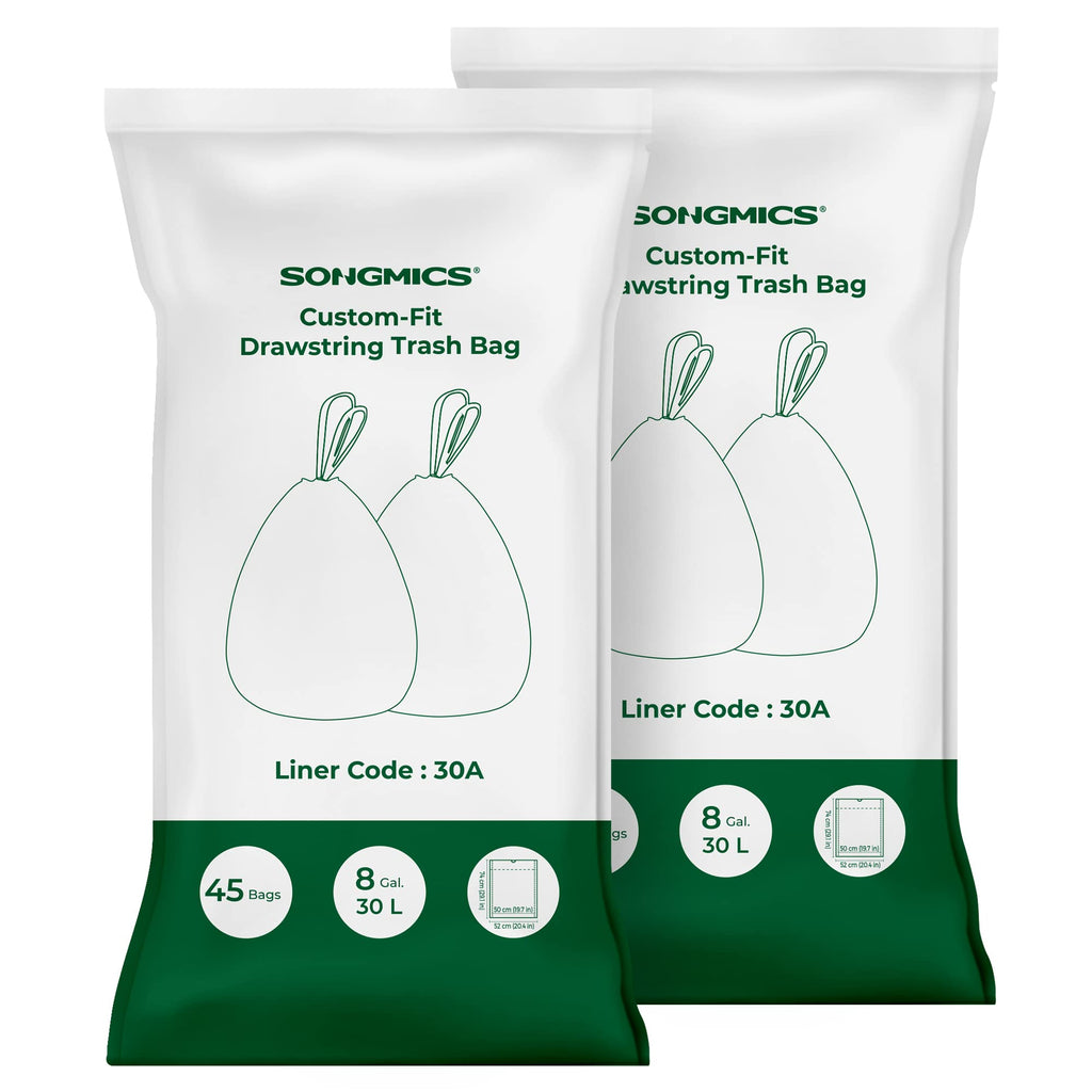 SONGMICS Trash Bags for 8-Gallon (30 L) Trash Cans, Drawstring Kitchen Garbage Bags, Pre-Separated, Liner Code 30A, 2 Rolls, 90 Count, White UKRB30A02