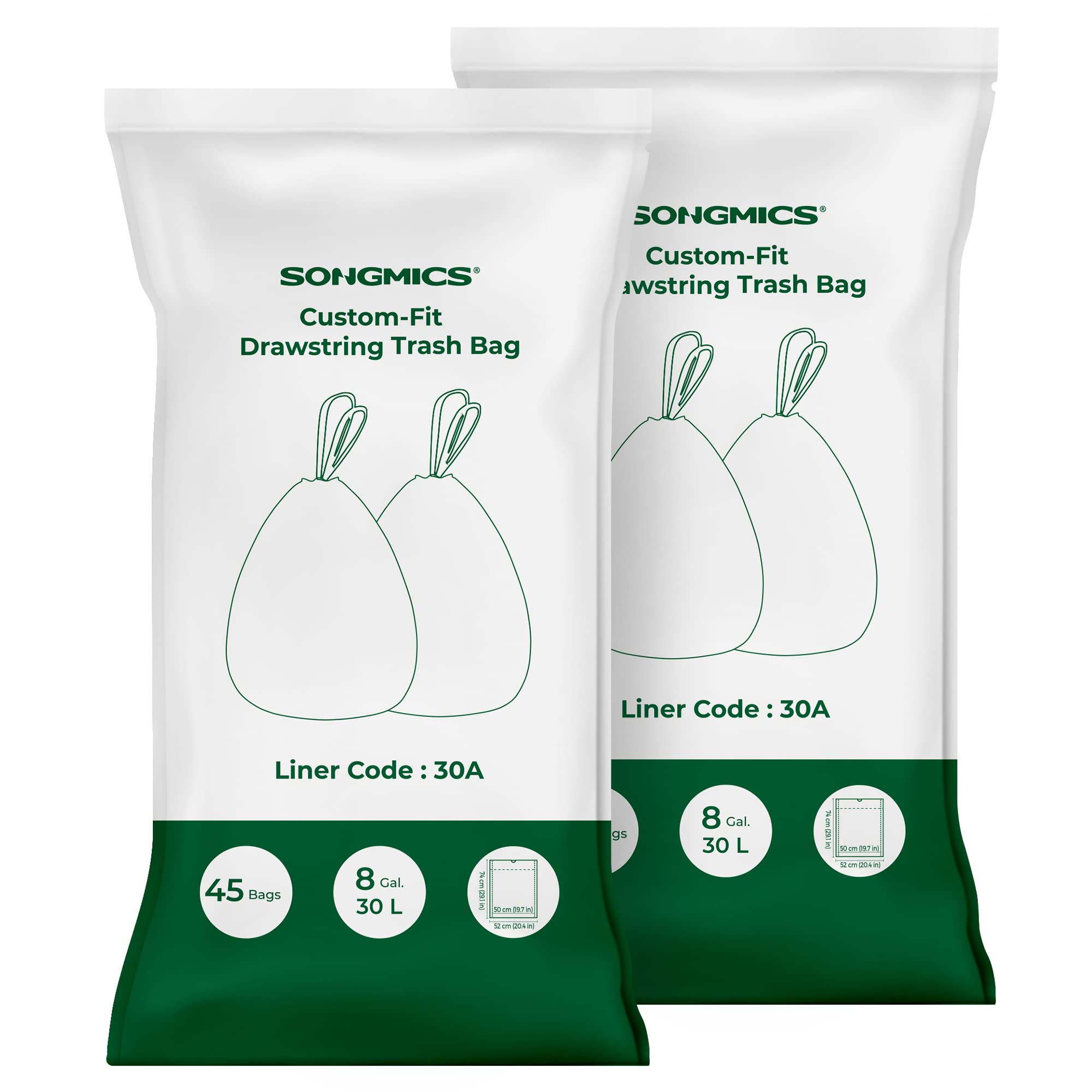 SONGMICS Trash Bags for 8-Gallon (30 L) Trash Cans, Drawstring Kitchen Garbage Bags, Pre-Separated, Liner Code 30A, 2 Rolls, 90 Count, White UKRB30A02