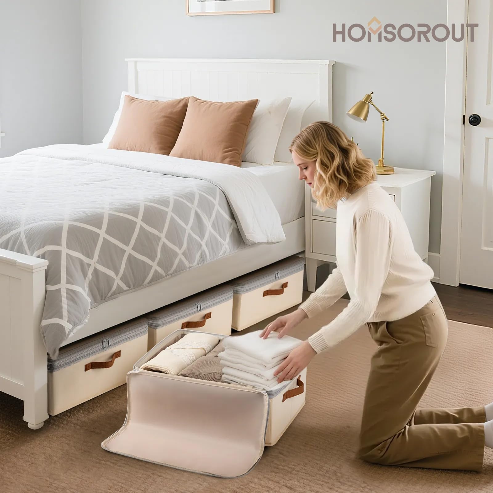 Homsorout Large Closet Storage Bins - Compression Organizer Bins, Stackable Closet Organizer, Expandable Under Bed Storage Containers for Clothes, Towels, Sheet, 2 Pack, Beige