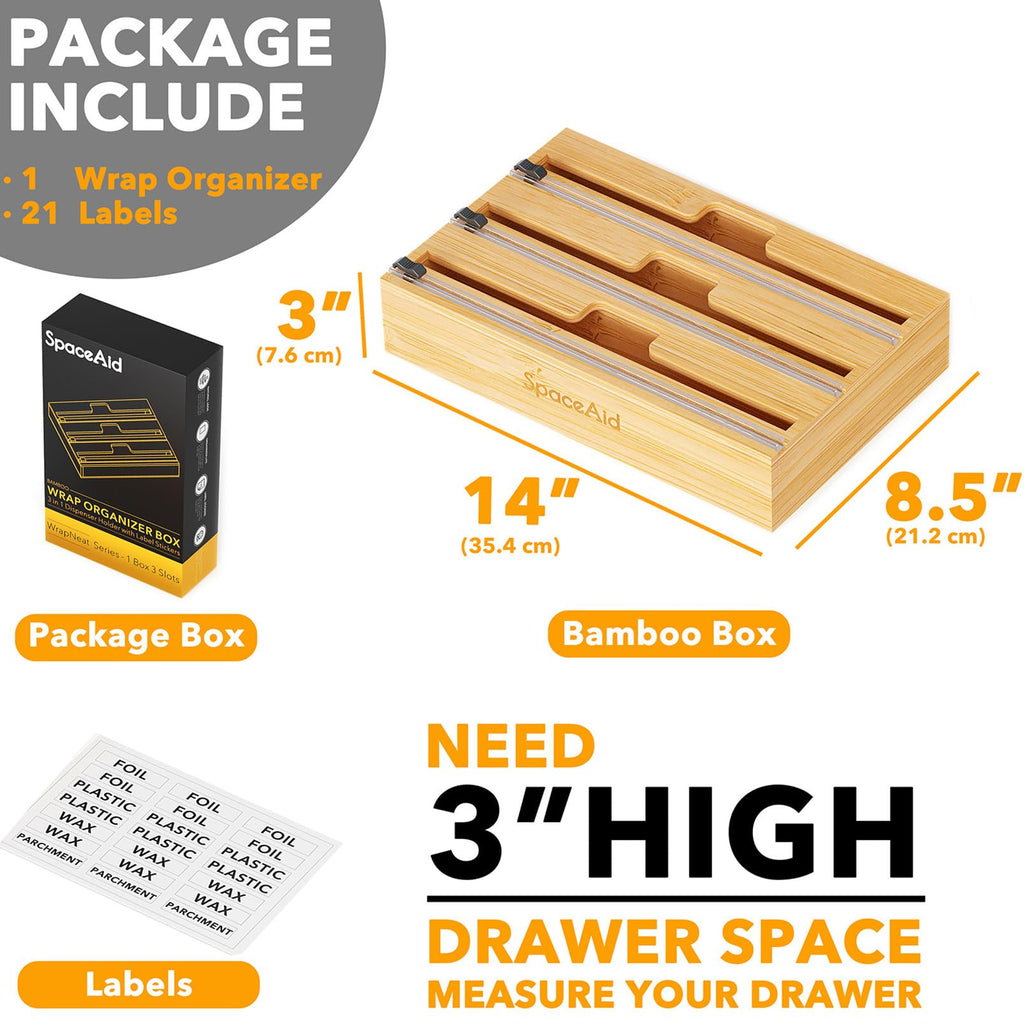 SpaceAid WrapNeat 3 in 1 Wrap Organizer with Cutter and Labels, Plastic Wrap, Aluminum Foil and Wax Bamboo Dispenser for Kitchen Storage Organization Holder for 12" Roll (Natural)