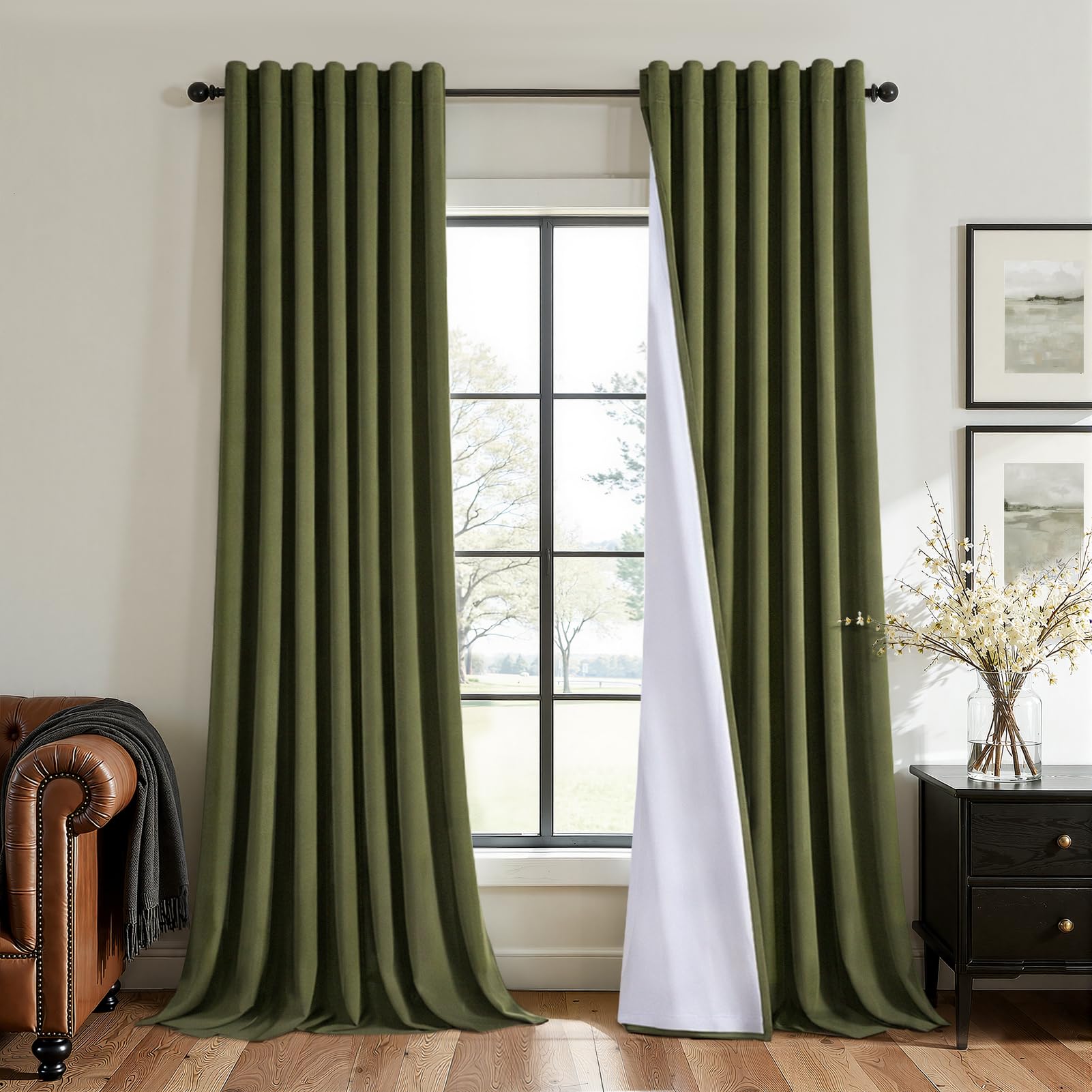 Topfinel Olive Green Velvet Blackout Curtains 84 Inches Long, Soundproof Room Darkening Dark Green Forest Green Thermal Insulated Boho Elegant Moody Back Tab Curtains for Living Room Bedroom 2 Panels