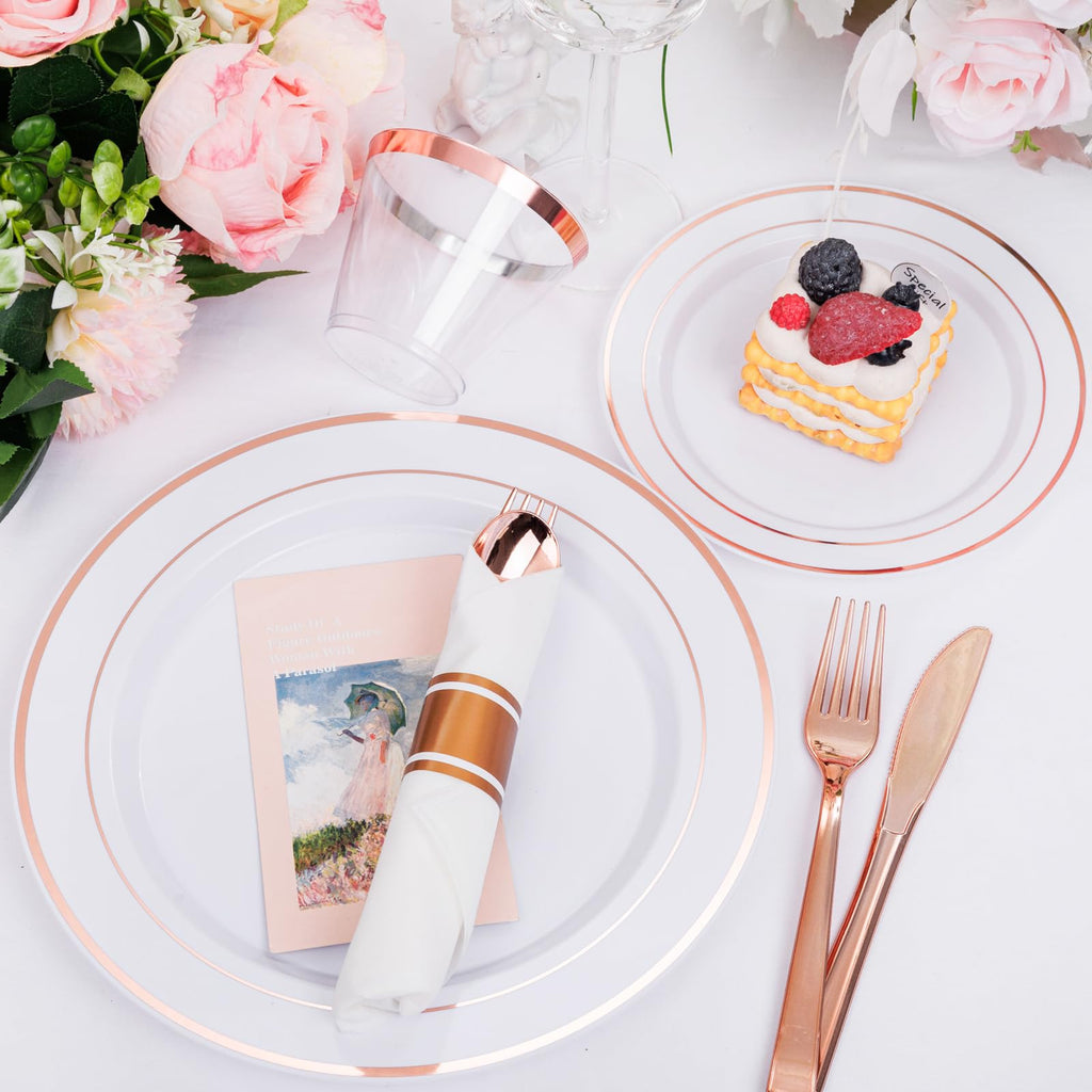 DaYammi 350PCS Gold Plastic Dinnerware Set for 50 Guests, Fancy Disposable Plates for Party, Include: 50 Dinner Plates, 50 Dessert Plates, 50 Pre Rolled Napkins with Gold Silverware, 50 Cups