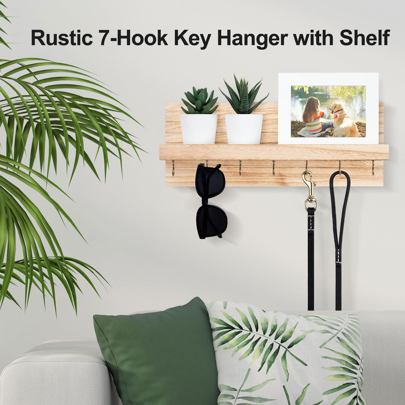 Decorative Key Holder for Wall with Shelf, Entryway Shelf with Hooks Holds Leashes, Jackets and Glasses – Sturdy Wood Keyholder Entrance Hanger with Mounting Hardware (Black, Medium)