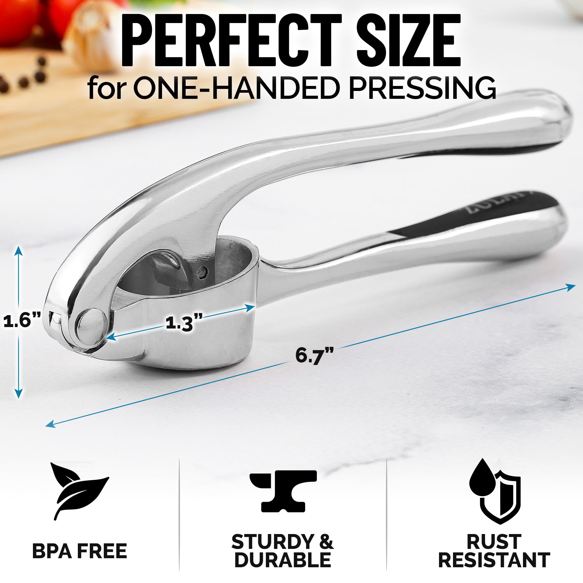 Zulay Kitchen Premium Garlic Press Set - Rust Proof Professional Garlic Mincer Tool - Easy-Squeeze, Easy-Clean with Soft, Ergonomic Handle - Silicone Garlic Peeler & Brush (Silver)