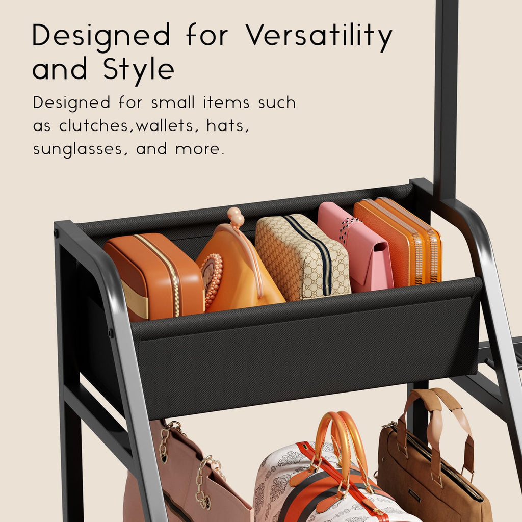 Homsorout Purse Organizer for Closet - Purse Rack Stand with 12 Hooks, 2 Wooden Shelves Purse Storage for Closet, Large Capacity Backpack Storage, Handbag Organizer for Home, Living Room, Black