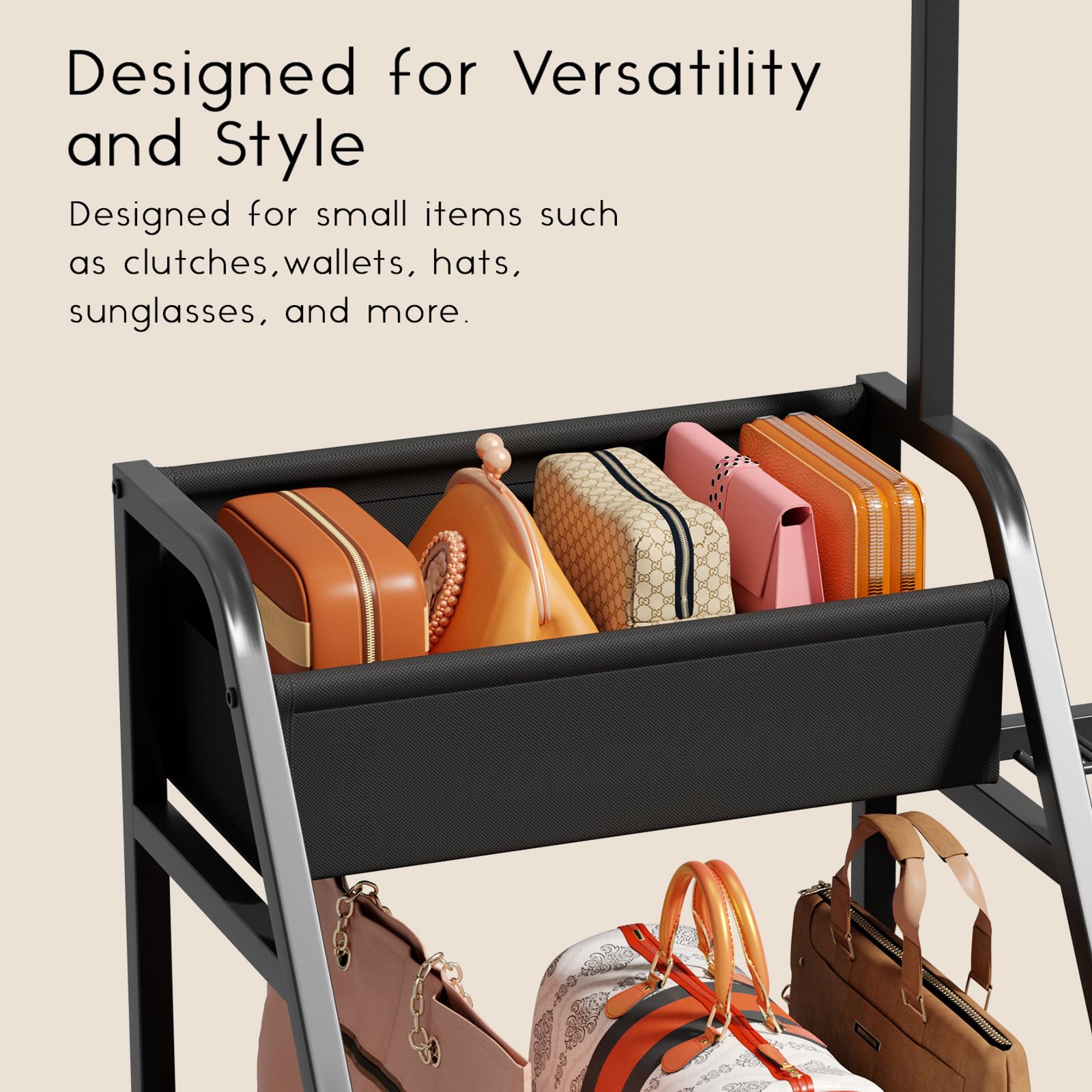 Homsorout Purse Organizer for Closet - Purse Rack Stand with 12 Hooks, 2 Wooden Shelves Purse Storage for Closet, Large Capacity Backpack Storage, Handbag Organizer for Home, Living Room, Black