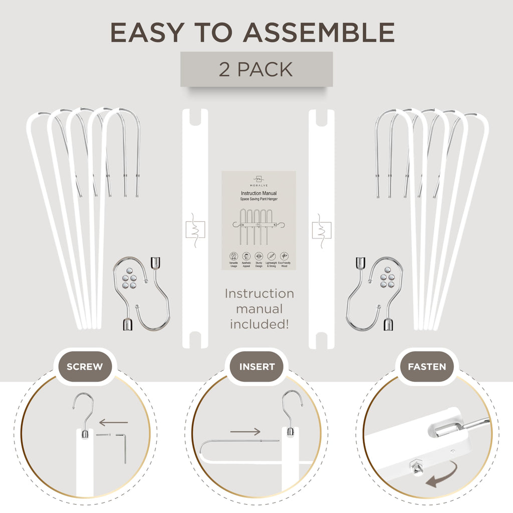 MORALVE Pants Hangers Space Saving - 2 Pack European Beechwood Scarf and Jean Hangers - Closet Organizer and Space Saver Pant Rack, Leggings Hanger, and Scarf Holder with 360° Swivel Hook