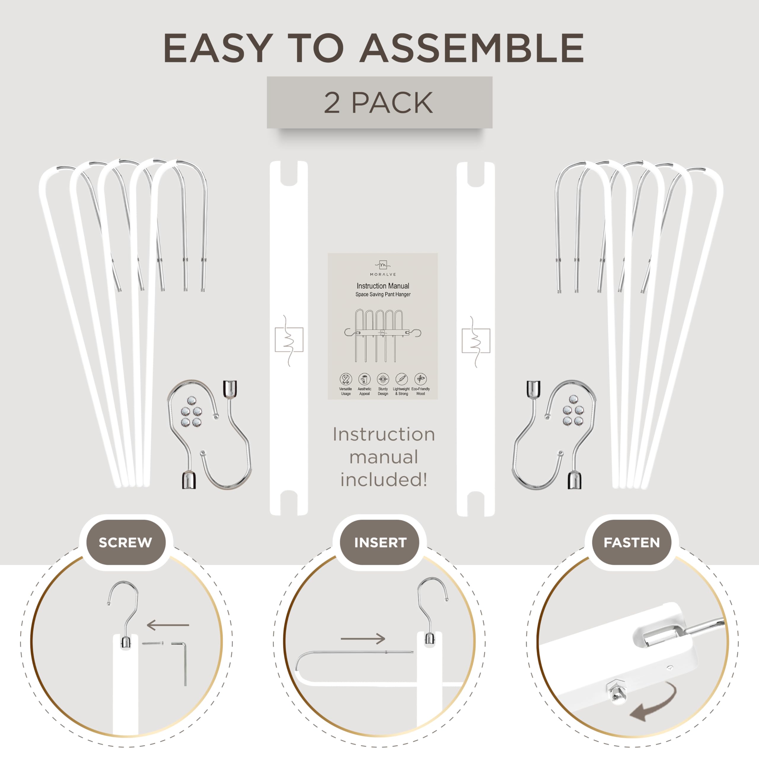 MORALVE Pants Hangers Space Saving - 2 Pack European Beechwood Scarf and Jean Hangers - Closet Organizer and Space Saver Pant Rack, Leggings Hanger, and Scarf Holder with 360° Swivel Hook