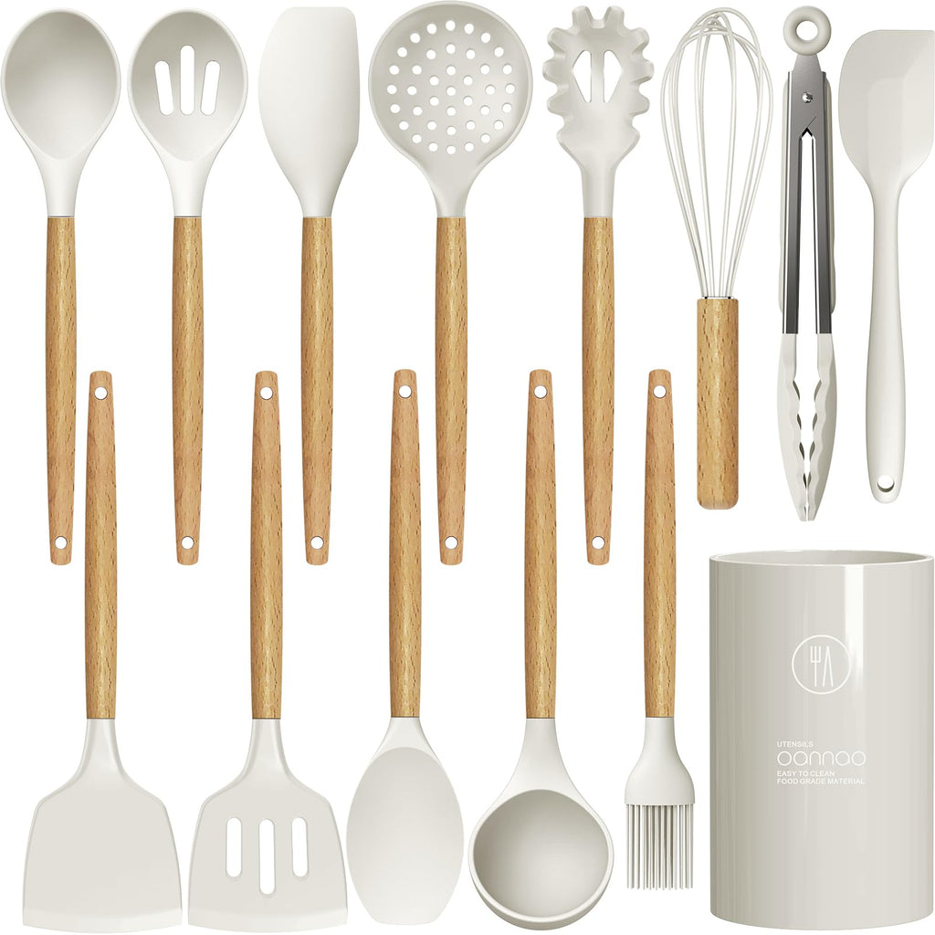oannao Silicone Cooking Utensils Kitchen Utensil Set - 446°F Heat Resistant Silicone Kitchen Utensils Set, Spatula,Turner Tongs, Spoon, Whisk,Kitchen Gadgets for Nonstick Cookware, BPA Free (Gray)