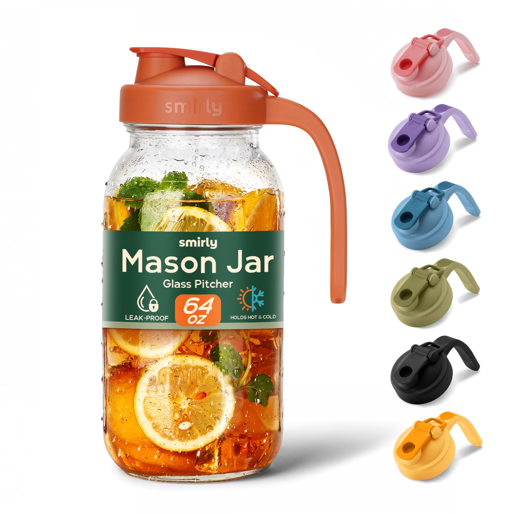 SMIRLY 64 oz Mason Jar Pitcher,Glass Pitcher with Wide Mouth,Water Jug with Double Leak Proof Lid for Iced Coffee,Hot Water,Breast Milk