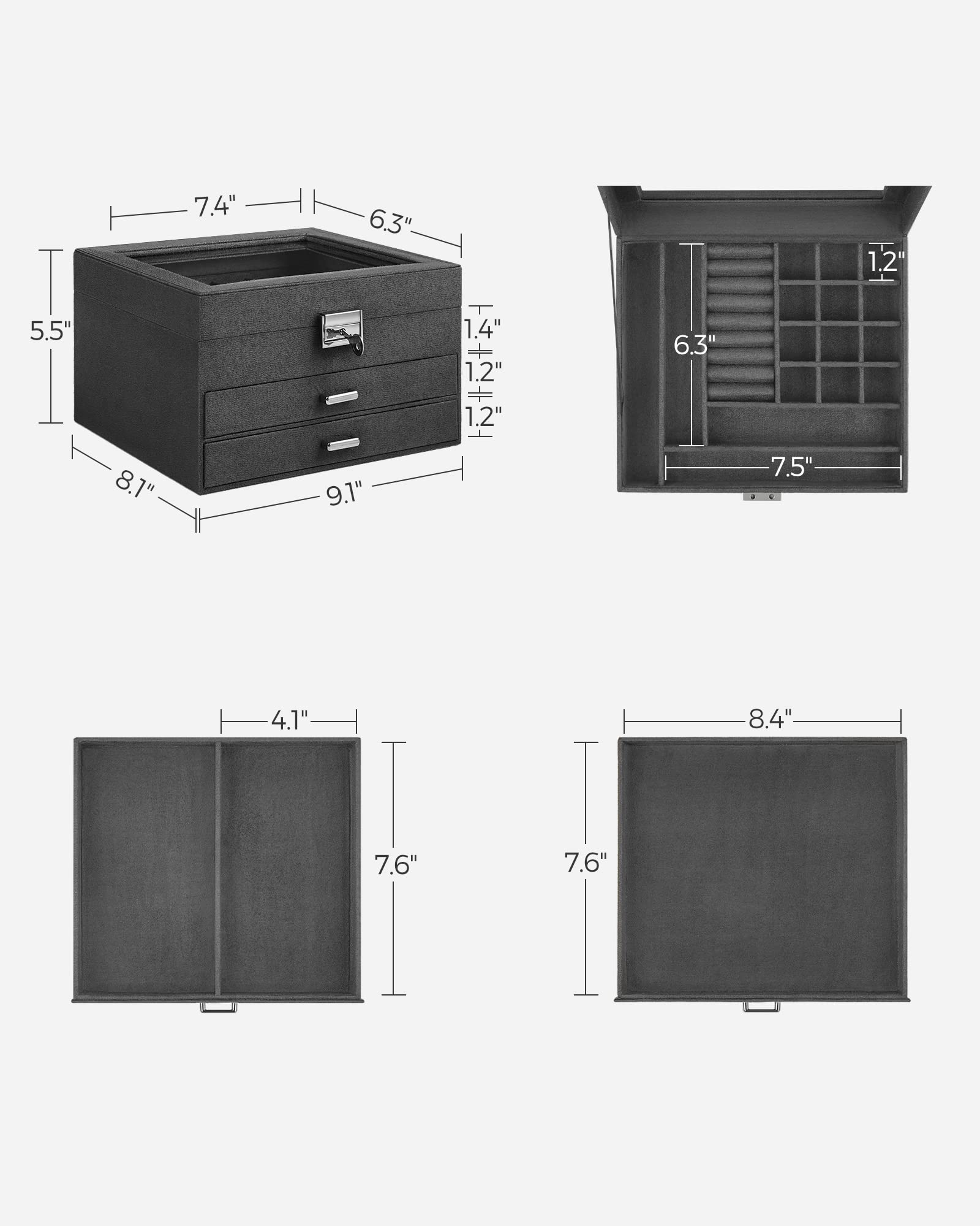 SONGMICS 3-Tier Jewelry Box, Travel Jewelry Case with Handle, 2 Drawers, Lockable Jewelry Organizer with Mirror, Jewelry Storage, Modern Style, Gift for Loved Ones, White UJBC154W01