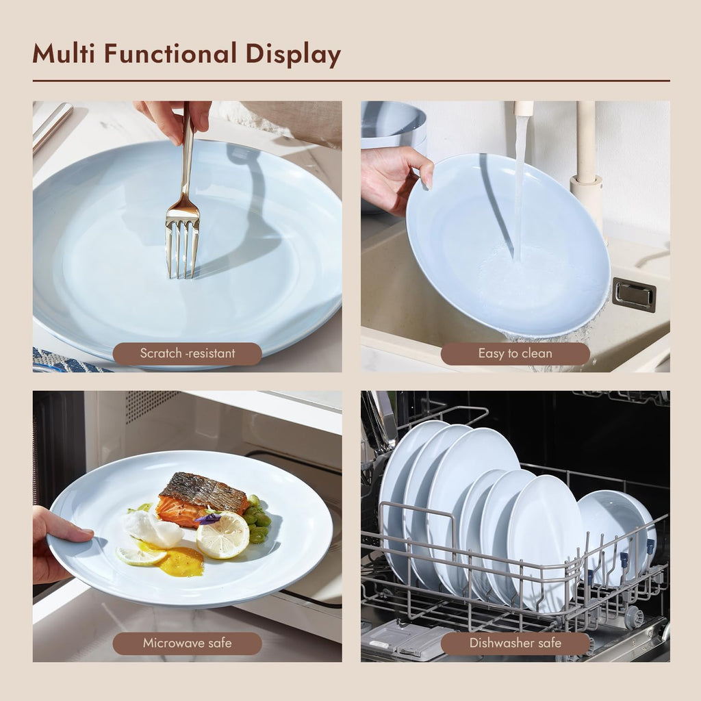 KINGSTONE Silverware Set and Blue Bone China Dinnerware Sets, 12-Piece Dinnerware Set for 4