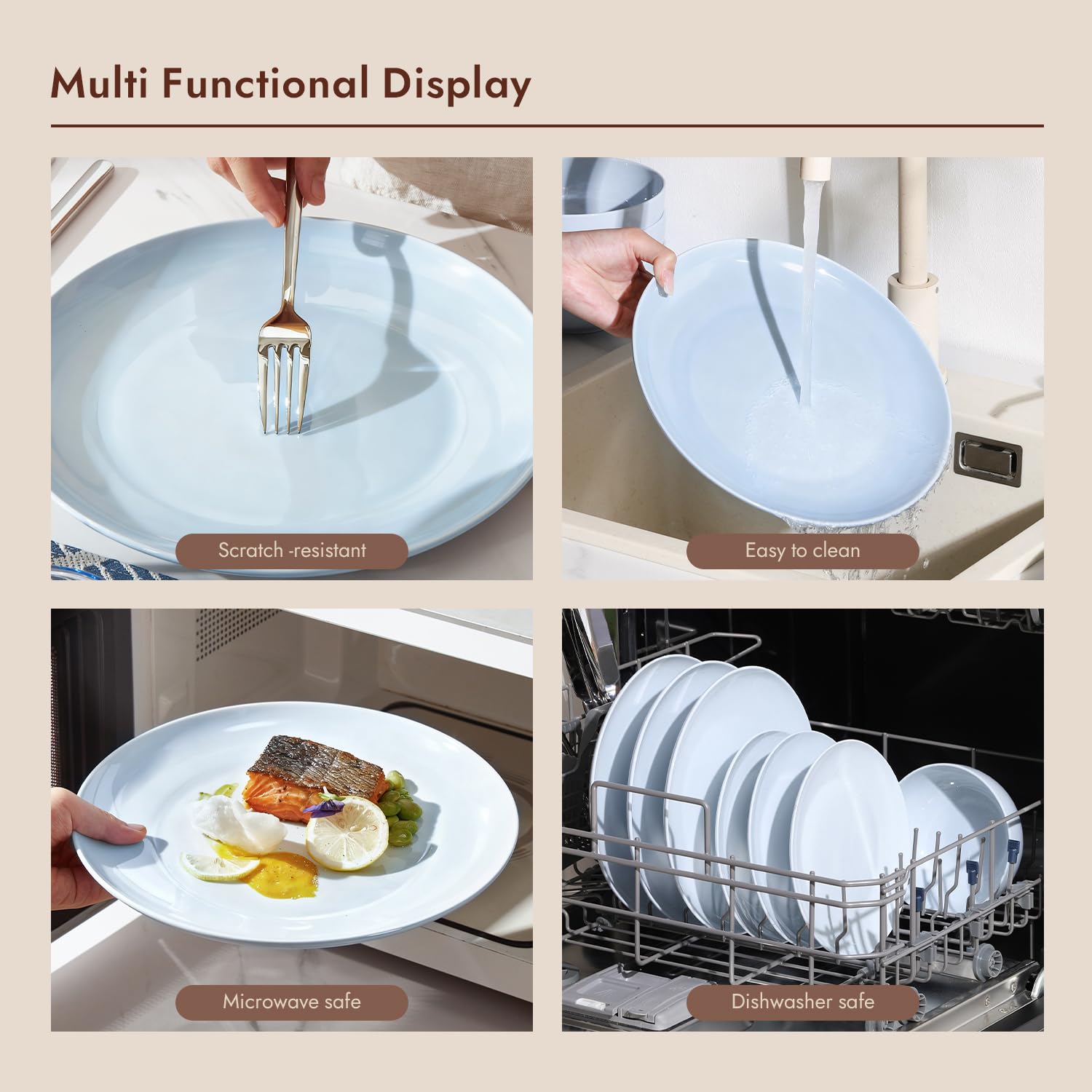 KINGSTONE 12-Piece Bone China Dinnerware Set for 4, Lightweight and Durable, Microwave and Dishwasher Safe, White Plates and Bowls for Everyday Use