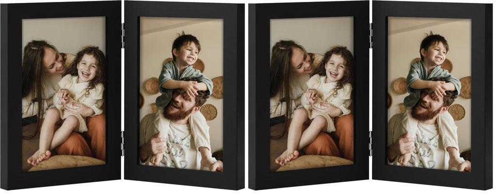 decorUhome Double 4x6 Picture Frame Vertical, Engineered Wood Bifold Photo Frame with Plexiglass for Tabletop Display, 4x6, Black